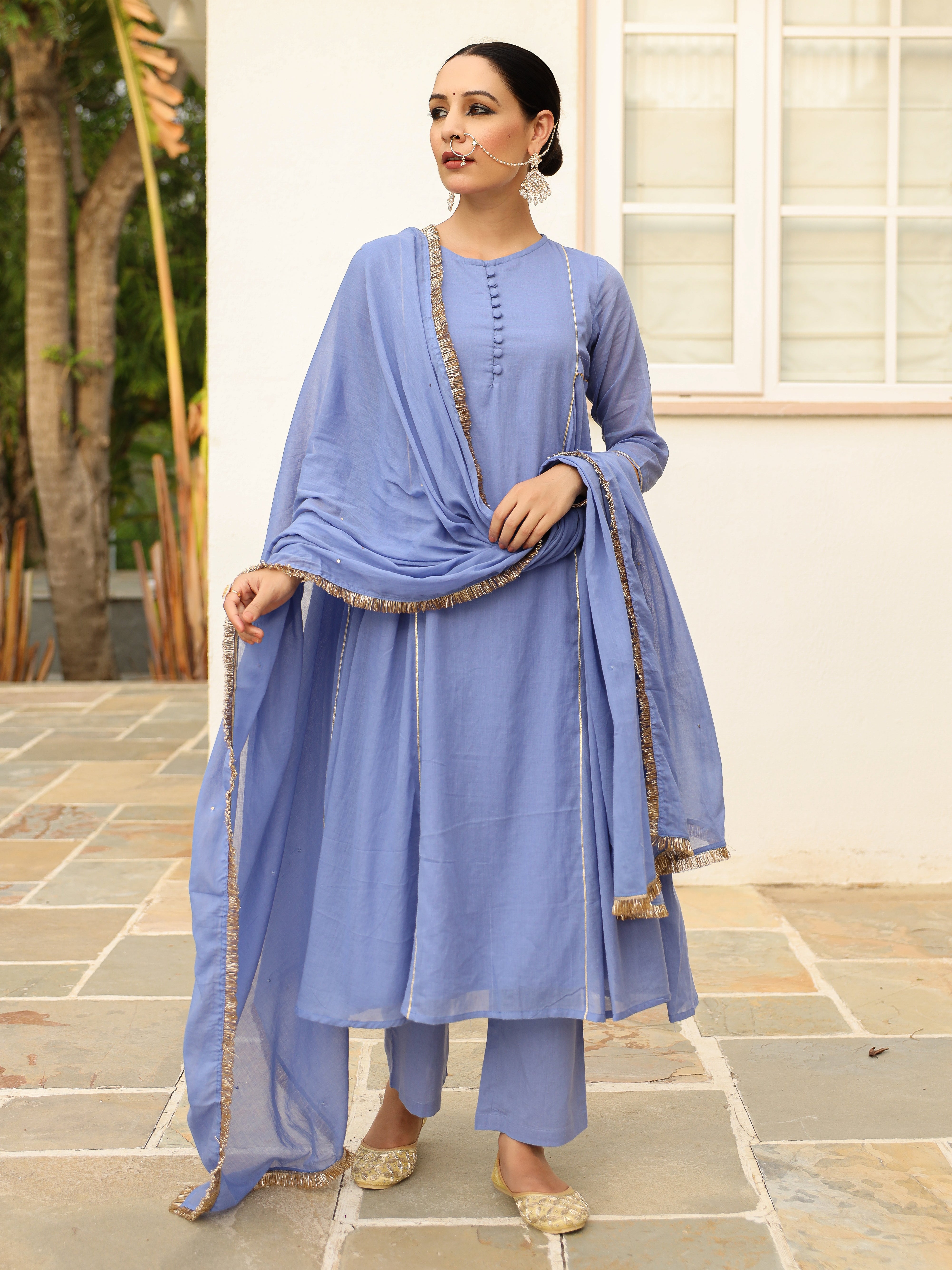 Lavender blue mulmul cotton anarkali kurta set with trousers and dupatta