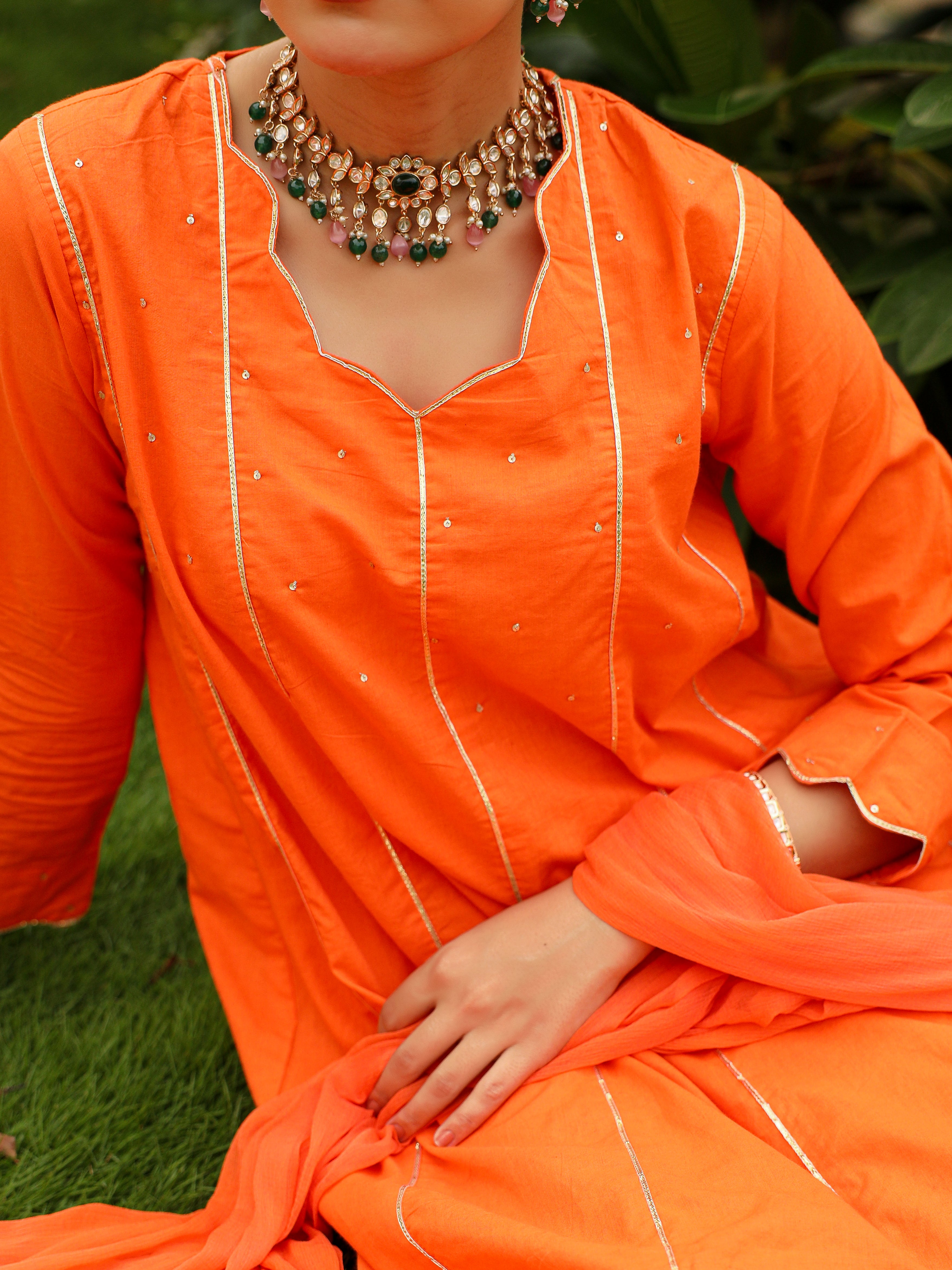 Tangerine orange cotton kurta set with plazzo and dupatta