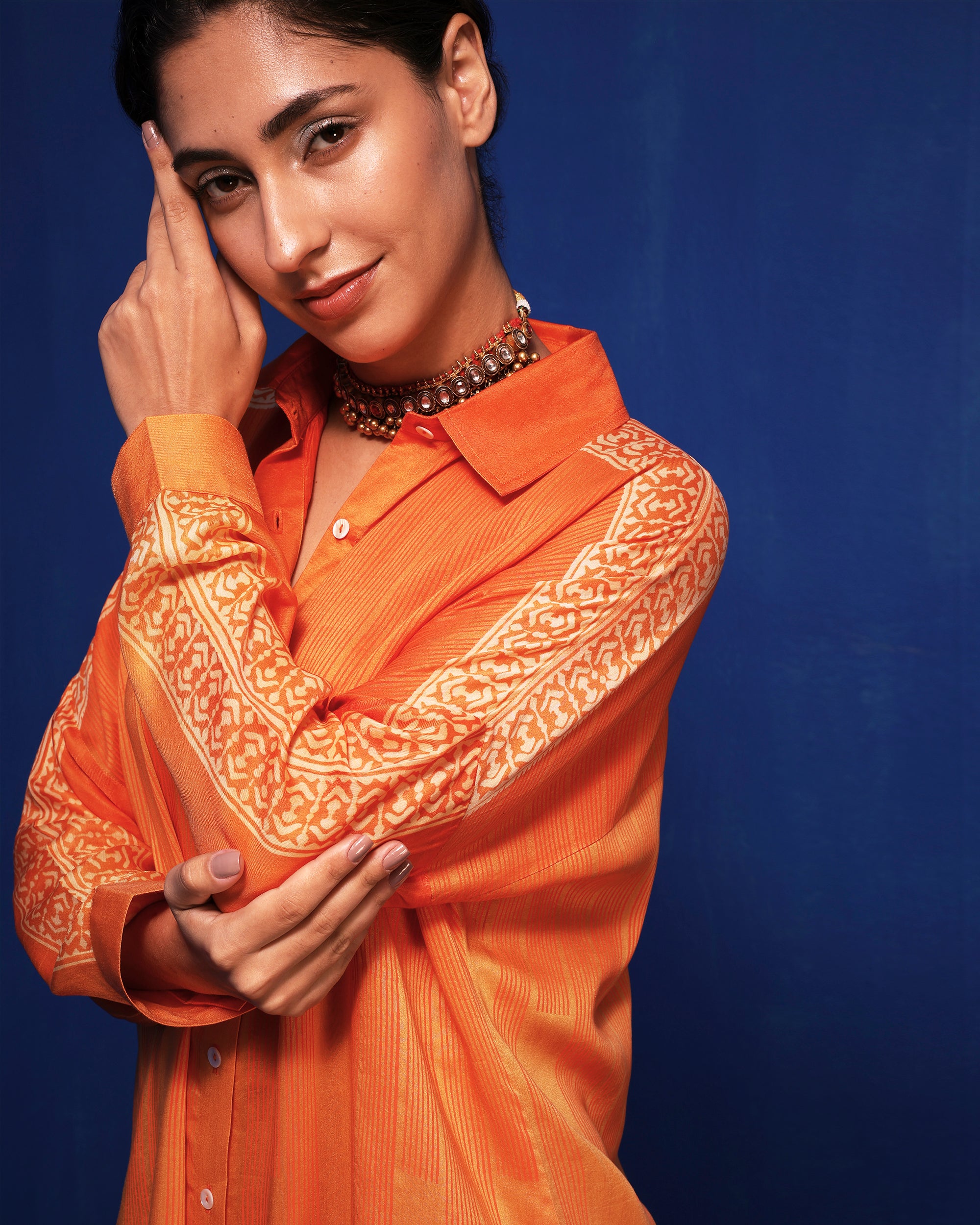 Orange ombre block printed shirt tunic set