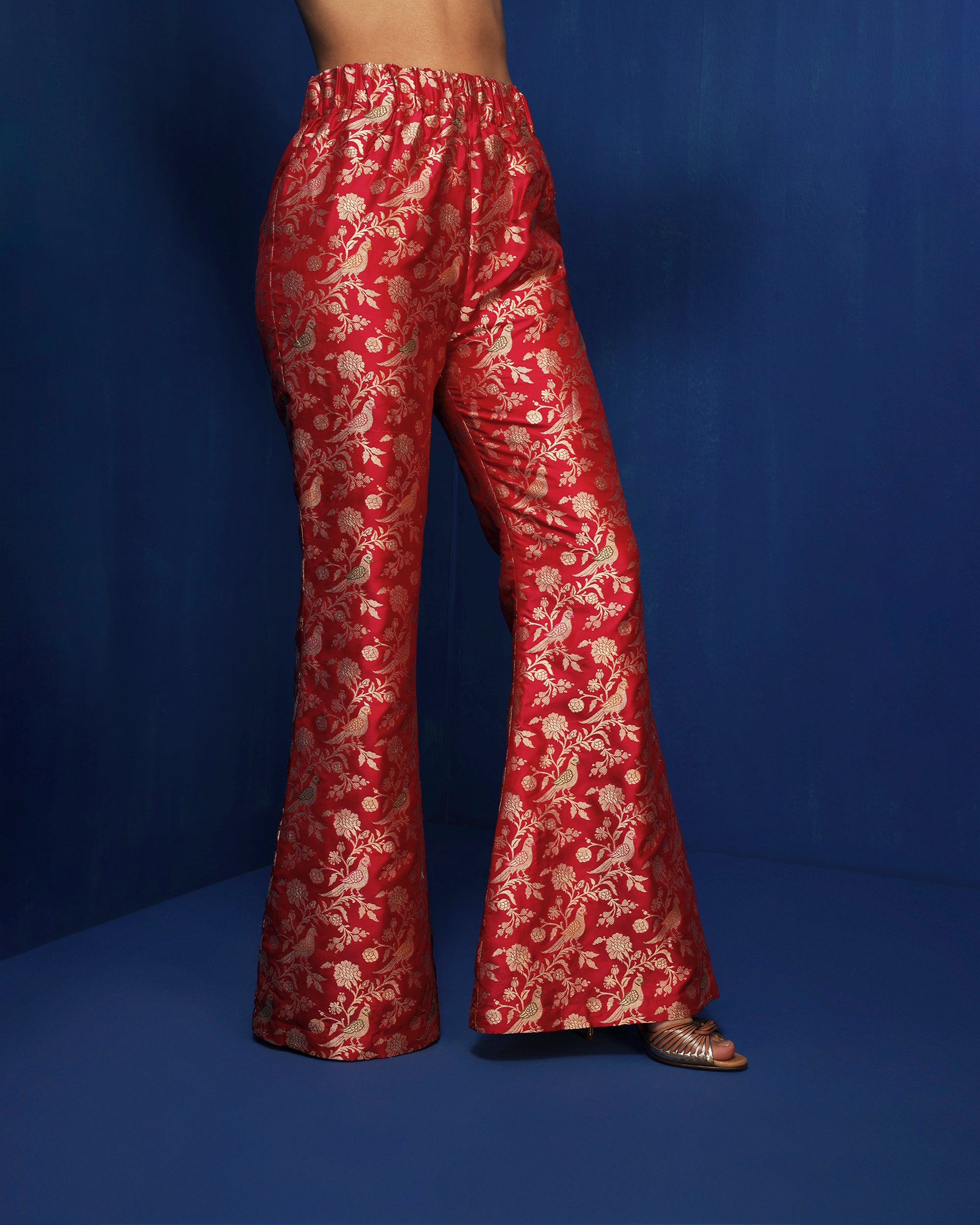 Fuchsia silk brocade bell bottom pants