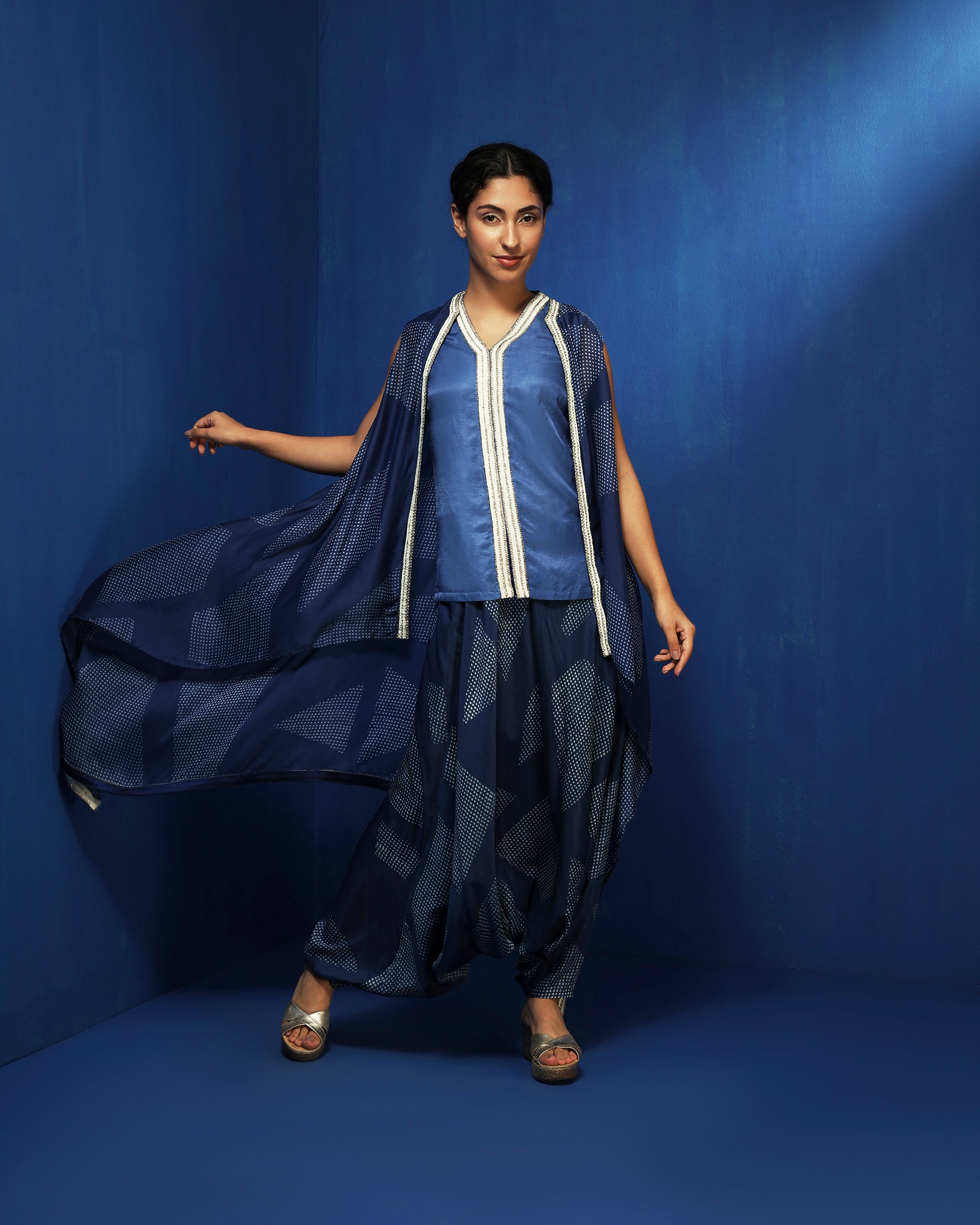 Indigo draped cape and pants set