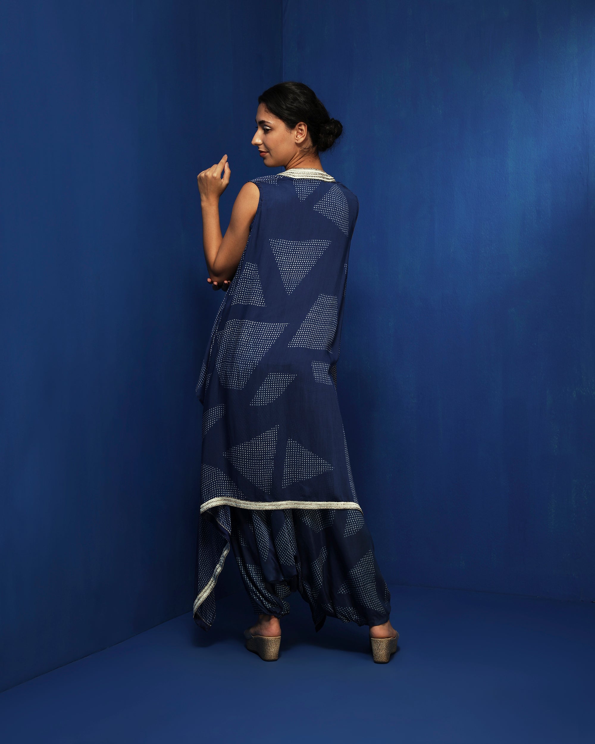 Indigo draped cape and pants set