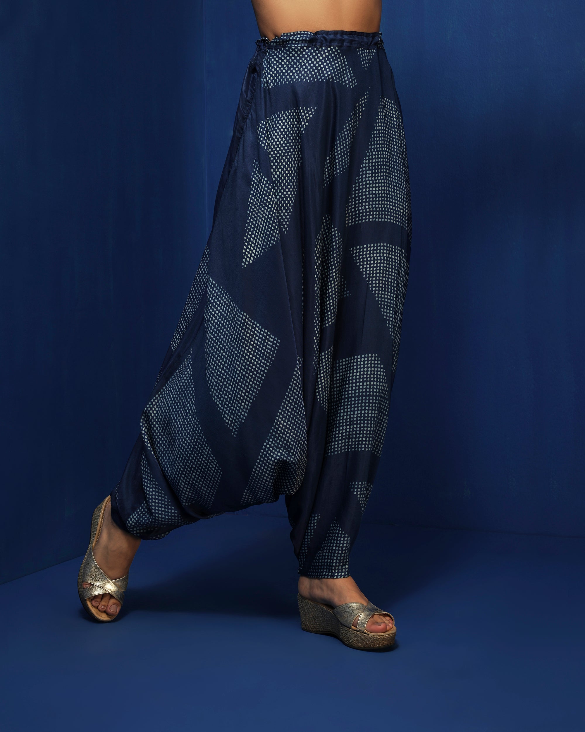 Indigo draped cape and pants set