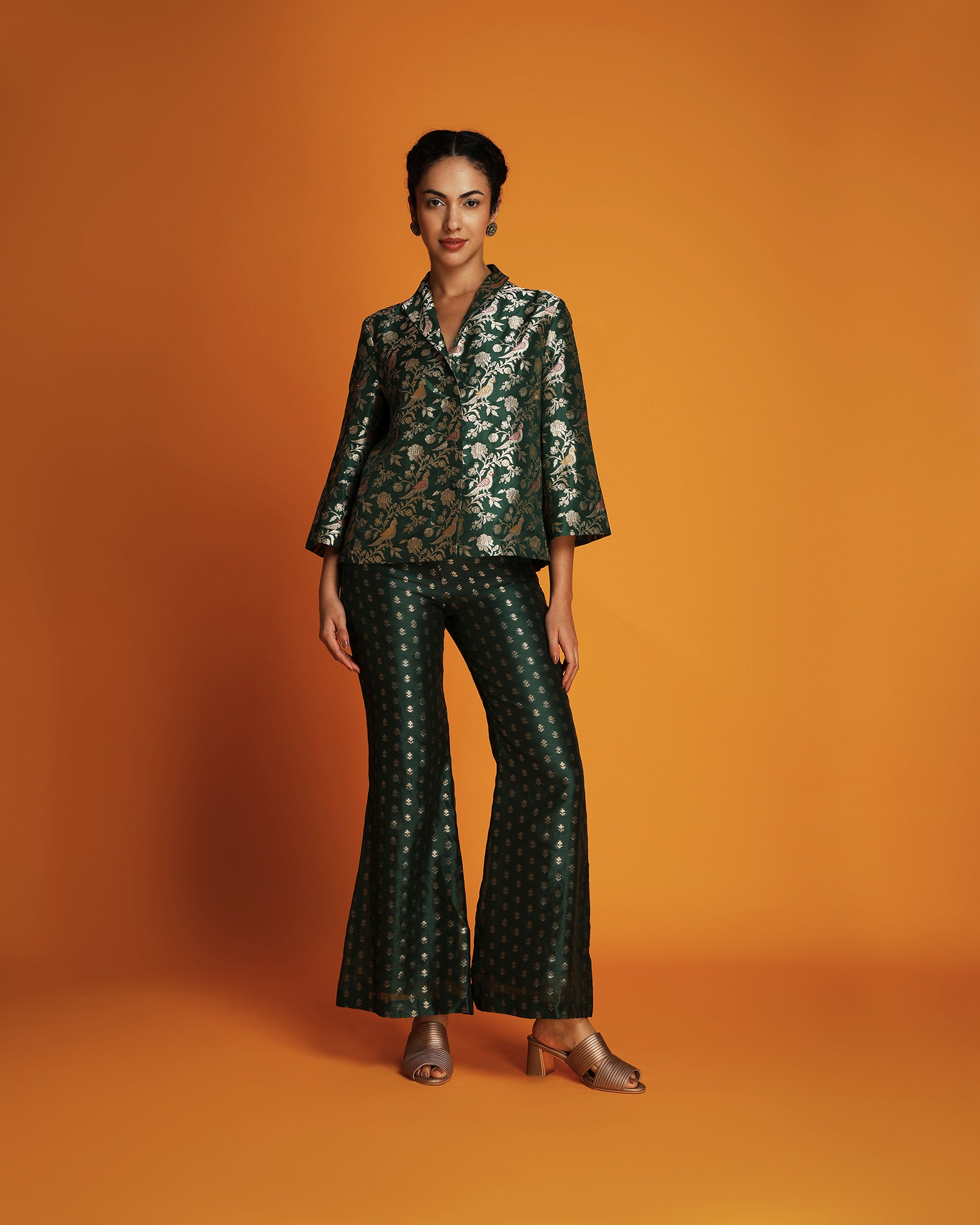 Emerald silk brocade swing jacket