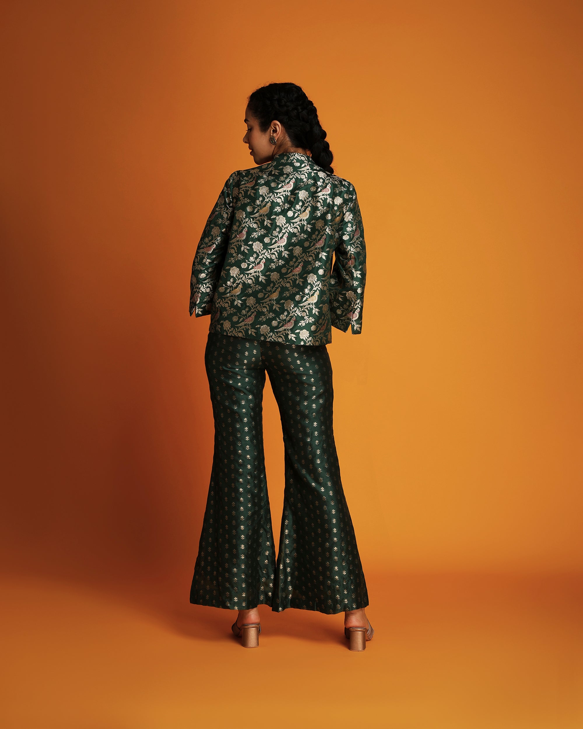 Emerald silk brocade swing jacket