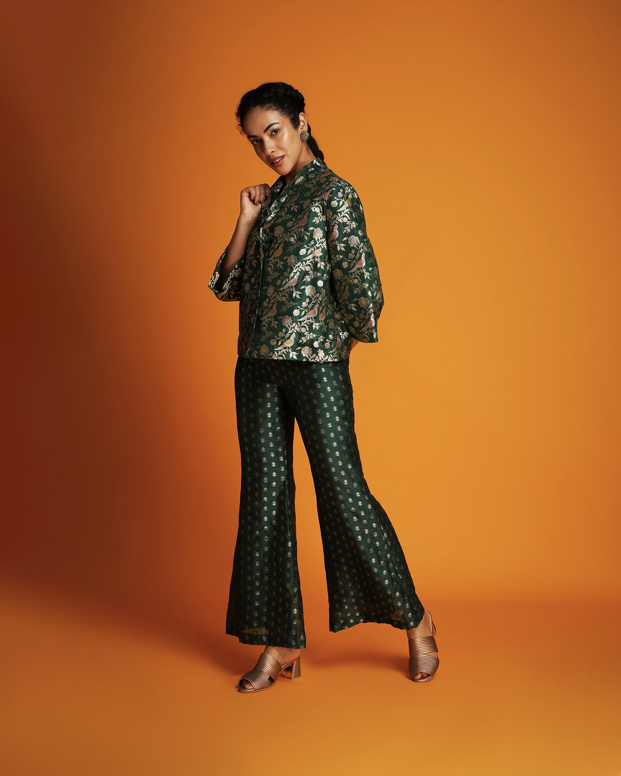 Emerald silk brocade swing jacket