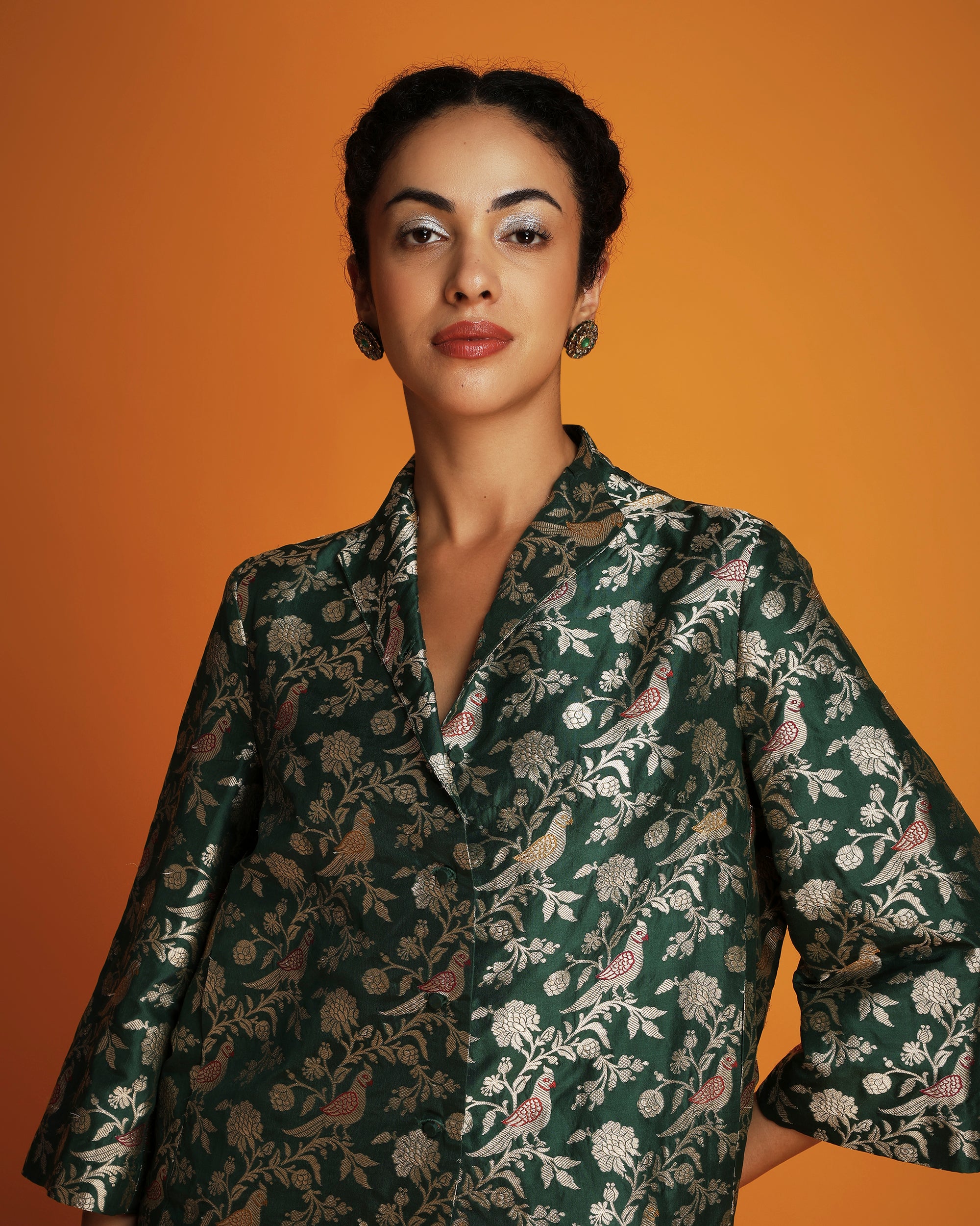 Emerald silk brocade swing jacket