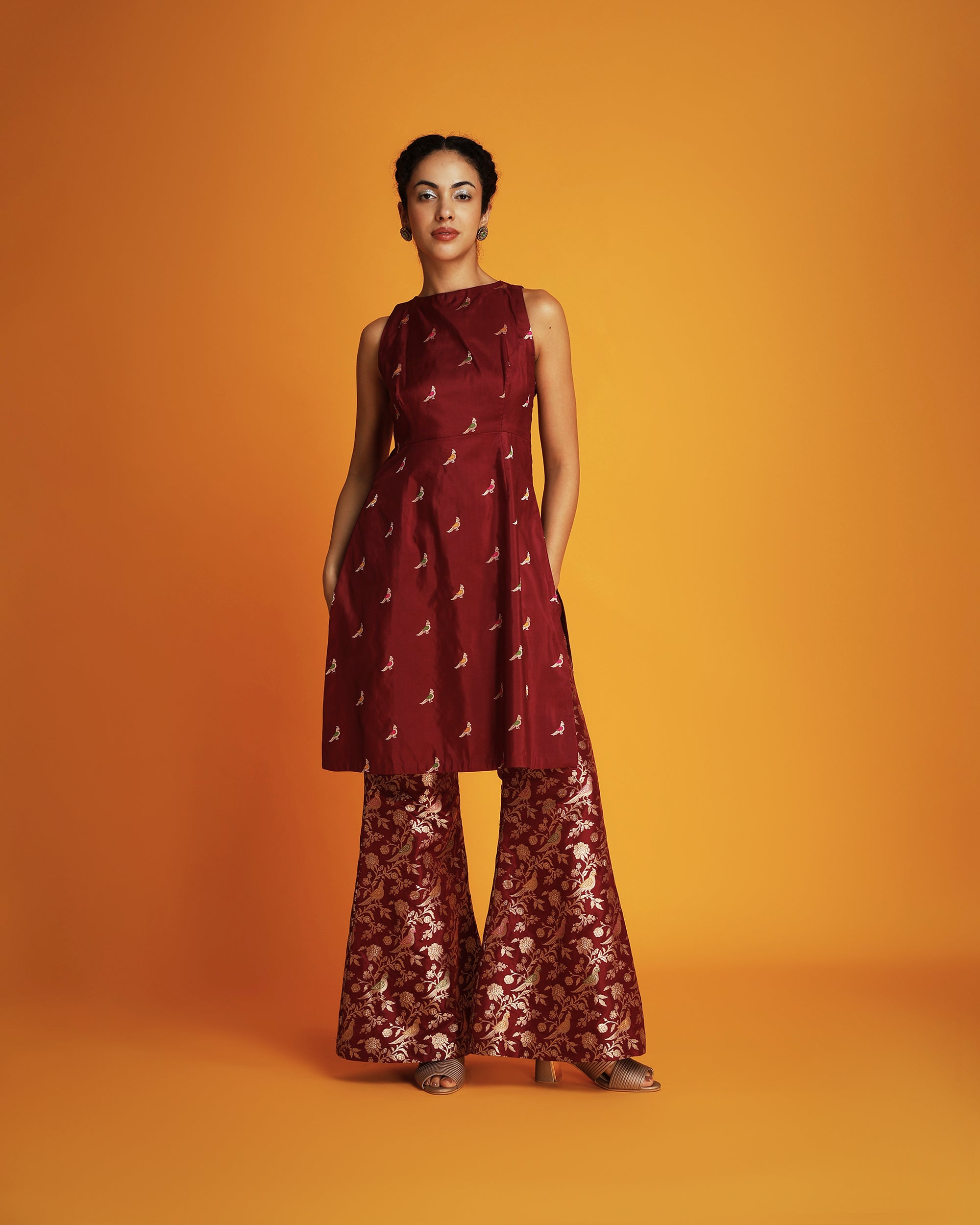 Maroon silk brocade sleeveless tunic