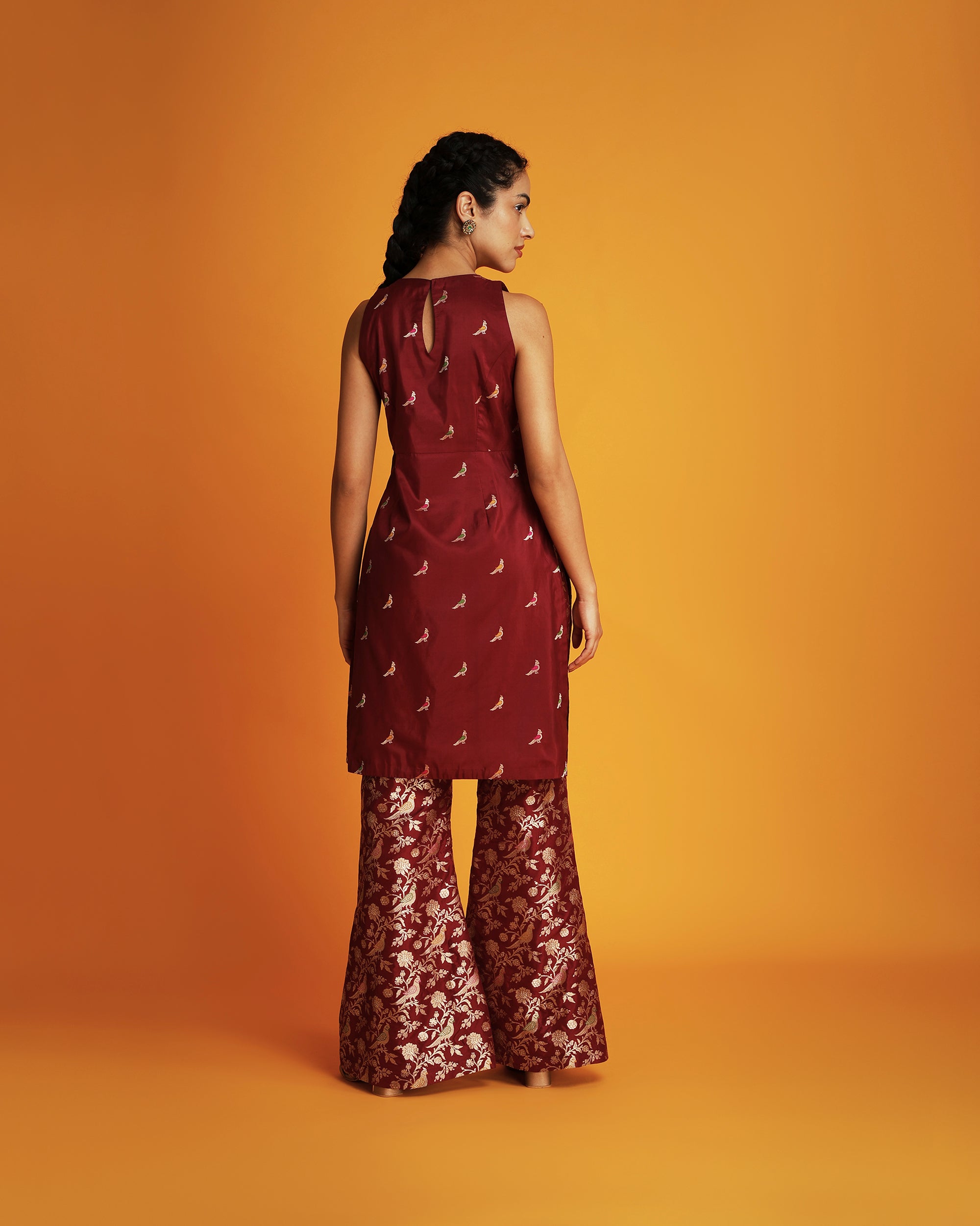 Maroon silk brocade sleeveless tunic