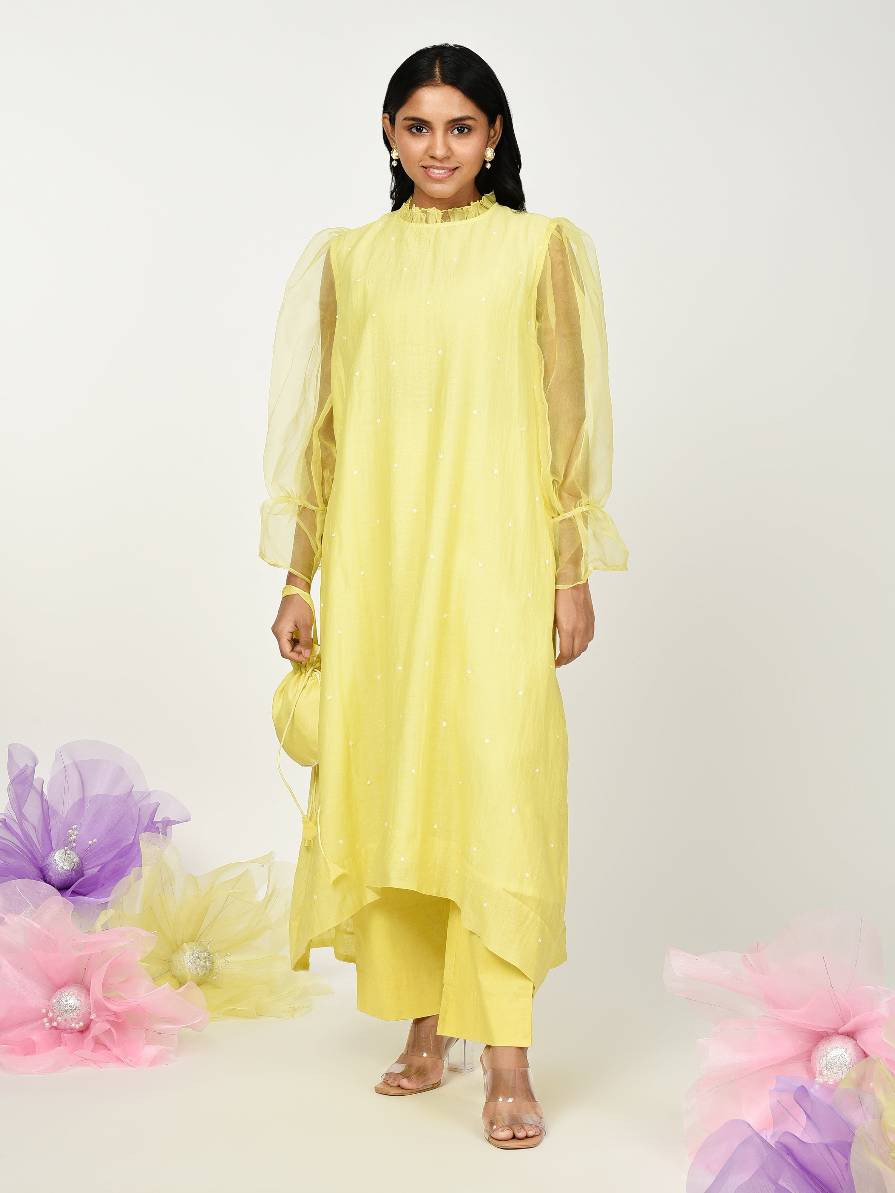 Yellow High Low Kurta Set