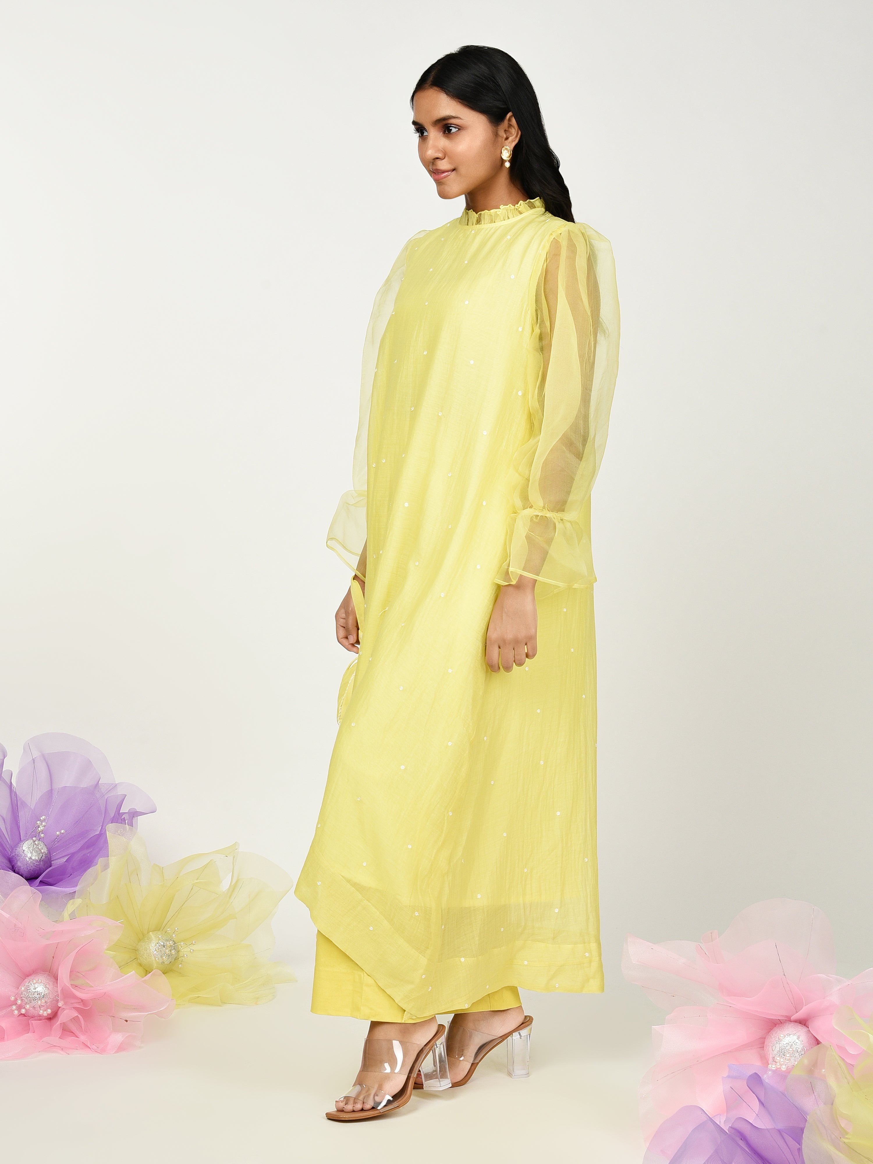 Yellow High Low Kurta Set