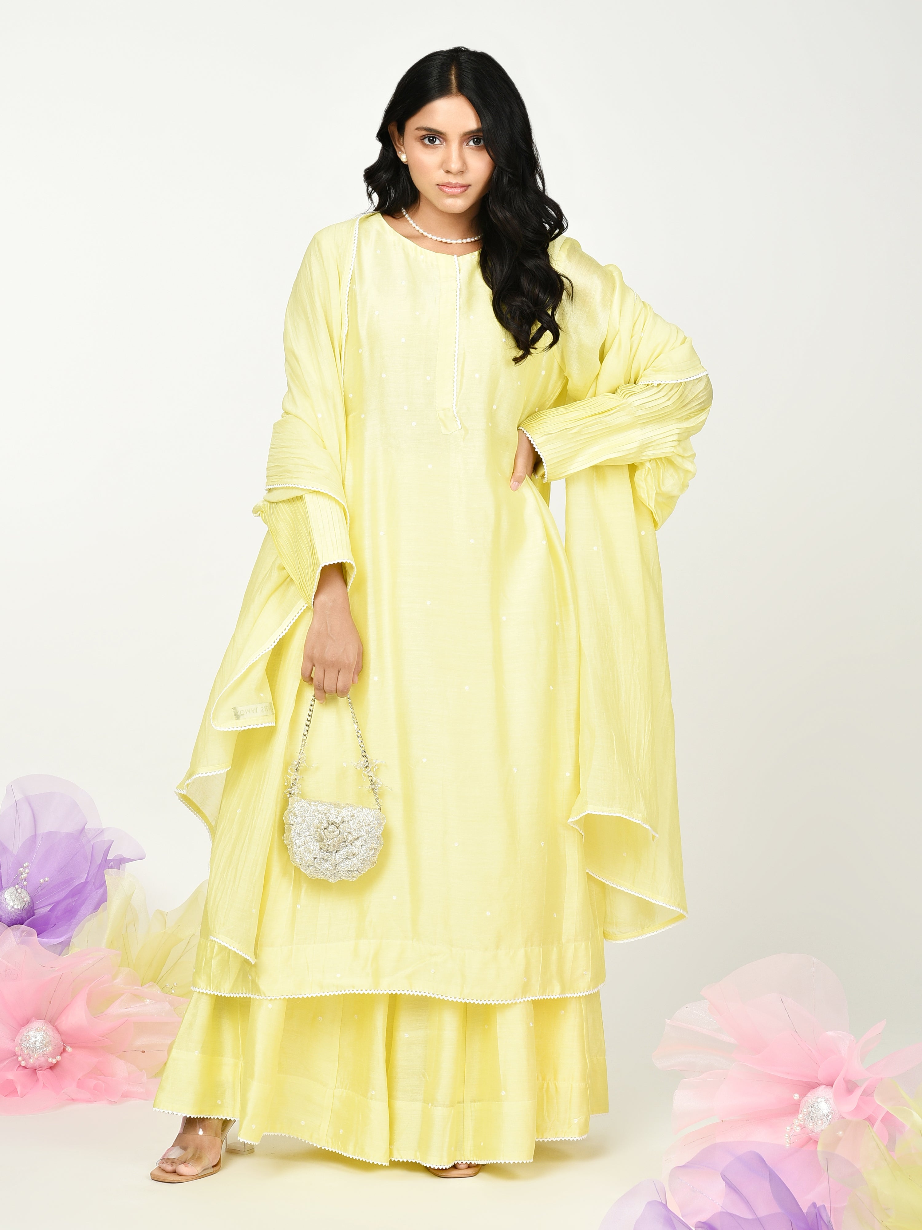 Yellow Pleated Kurta Set