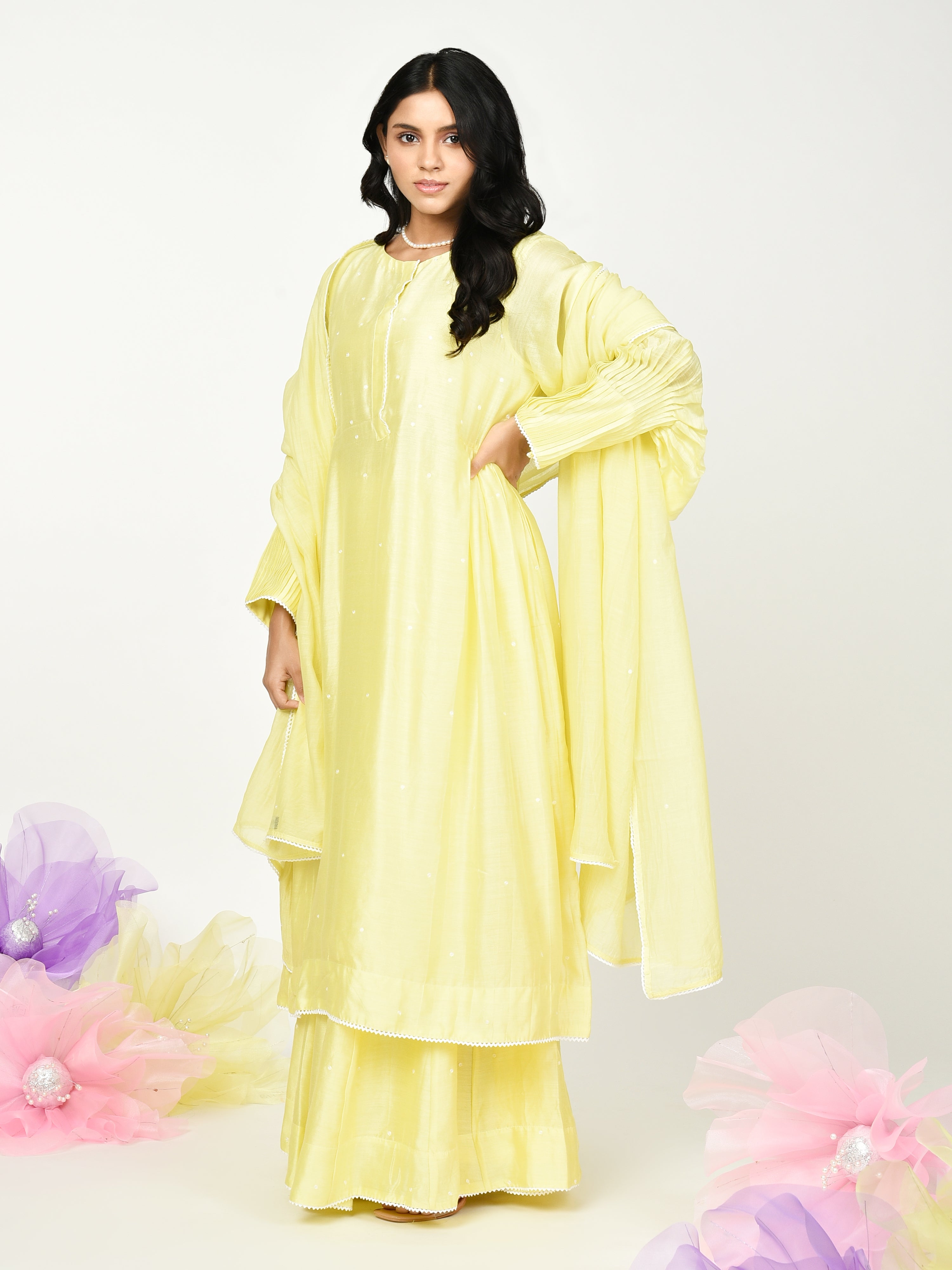 Yellow Pleated Kurta Set