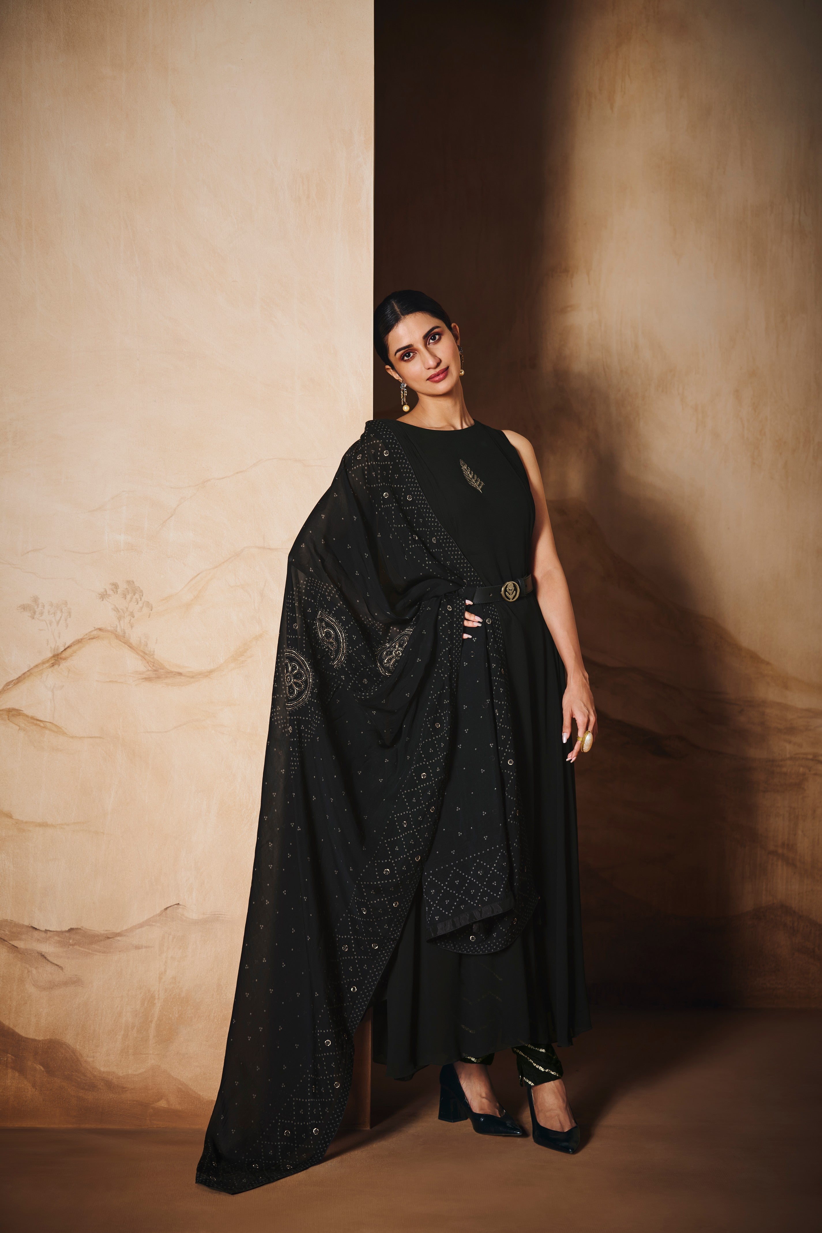 Black kurta set with hand embroidered dupatta