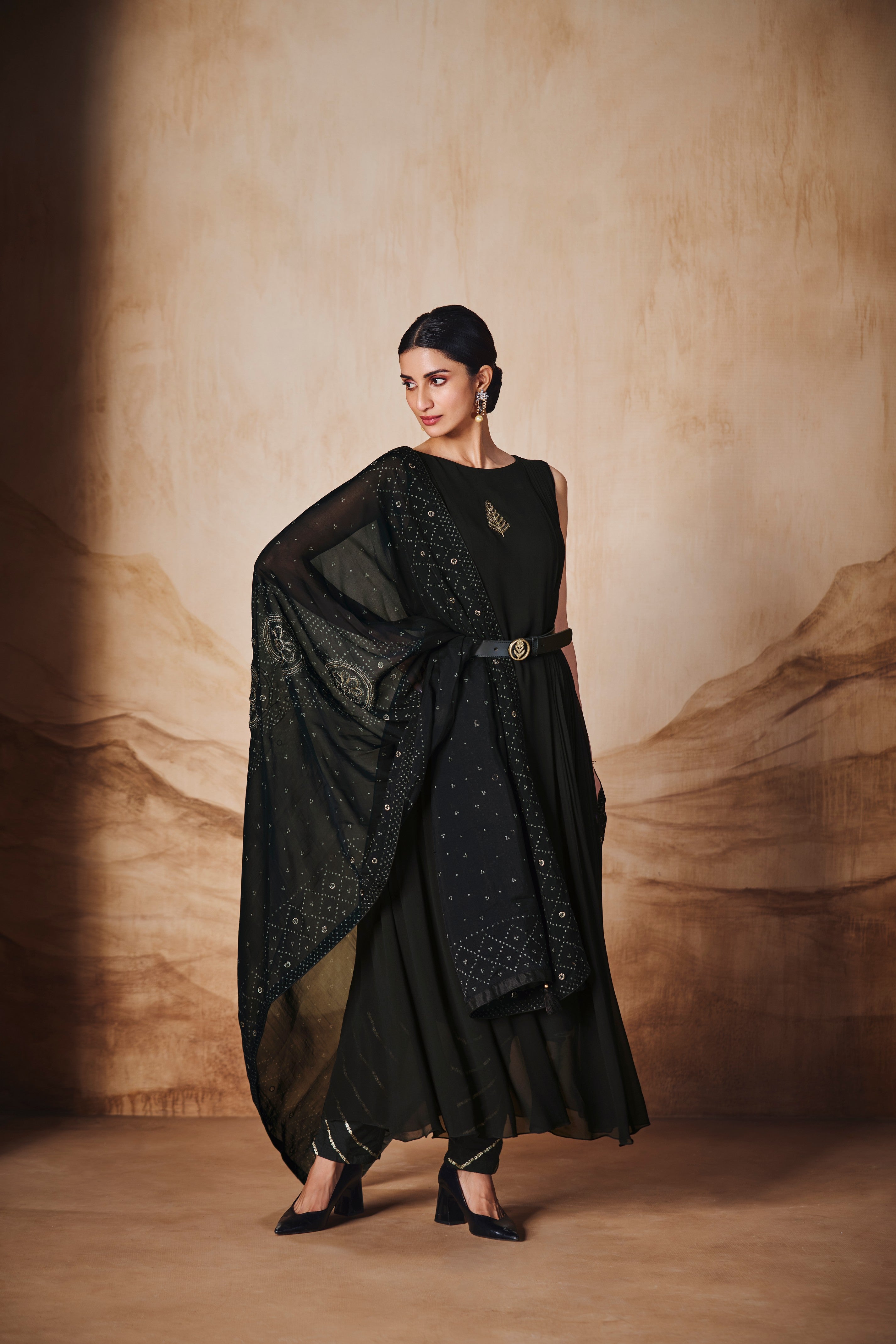 Black kurta set with hand embroidered dupatta