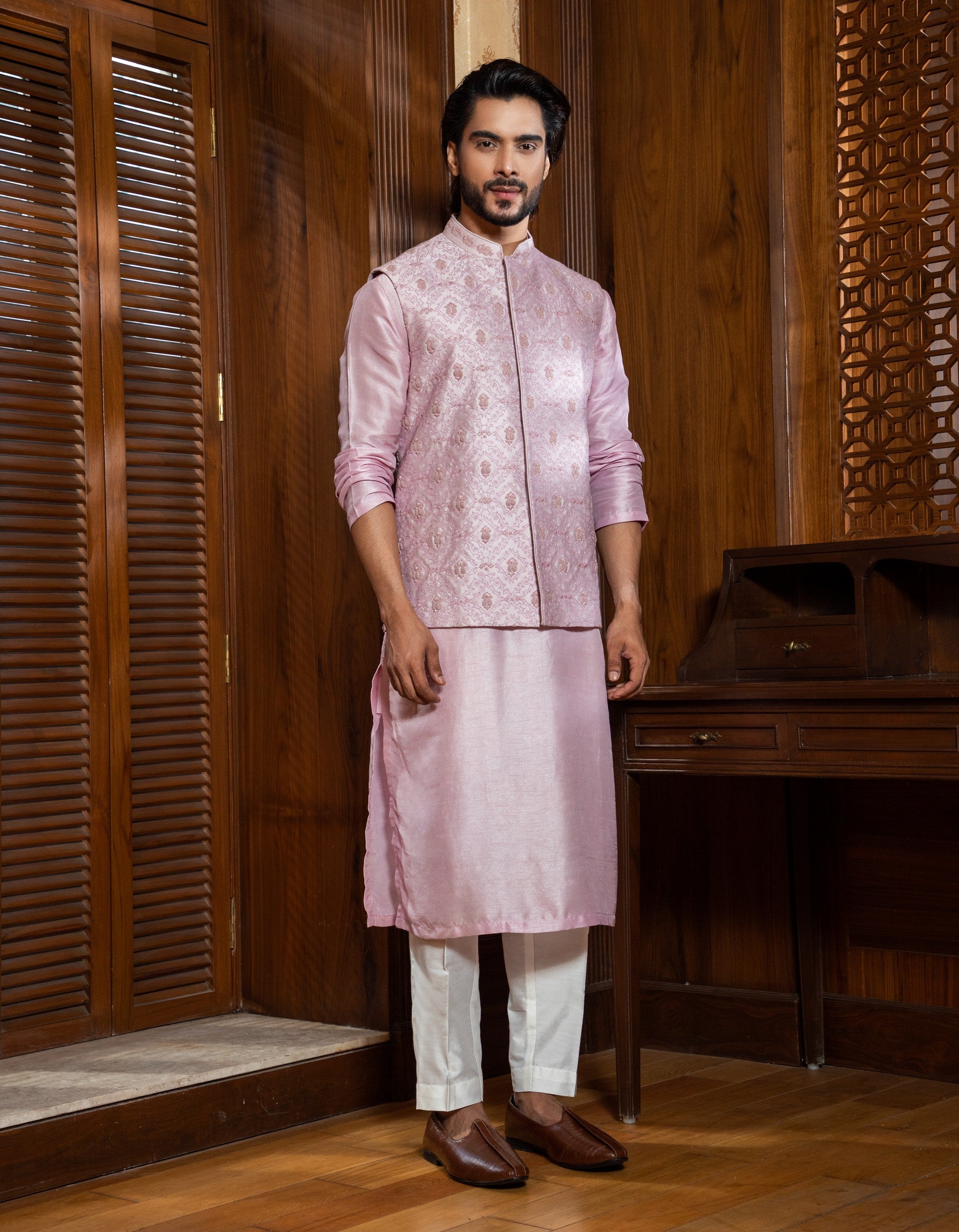 Lavender Hand Embroidered Jacket with Kurta Set