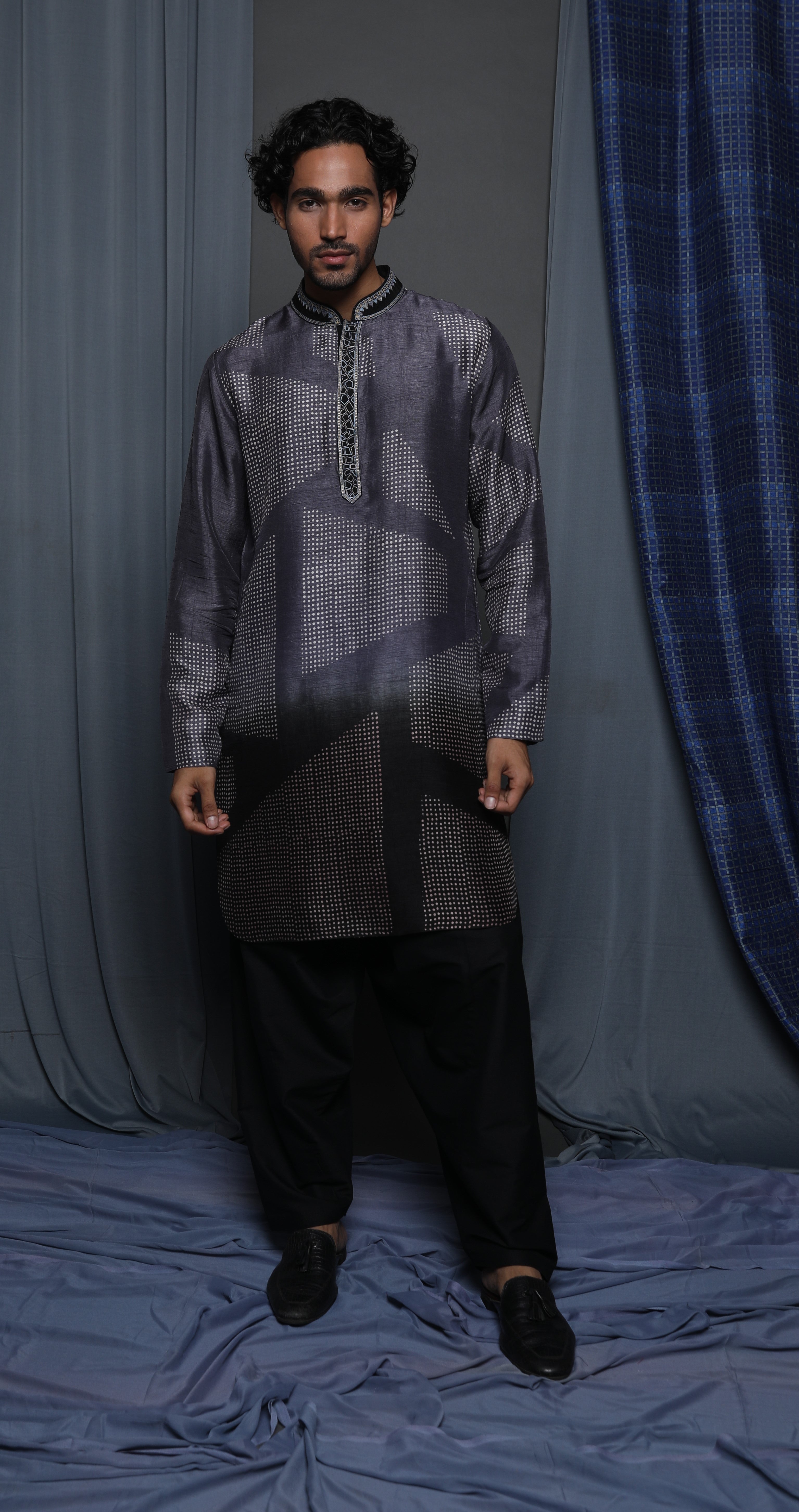 Grey black shaded printed kurta