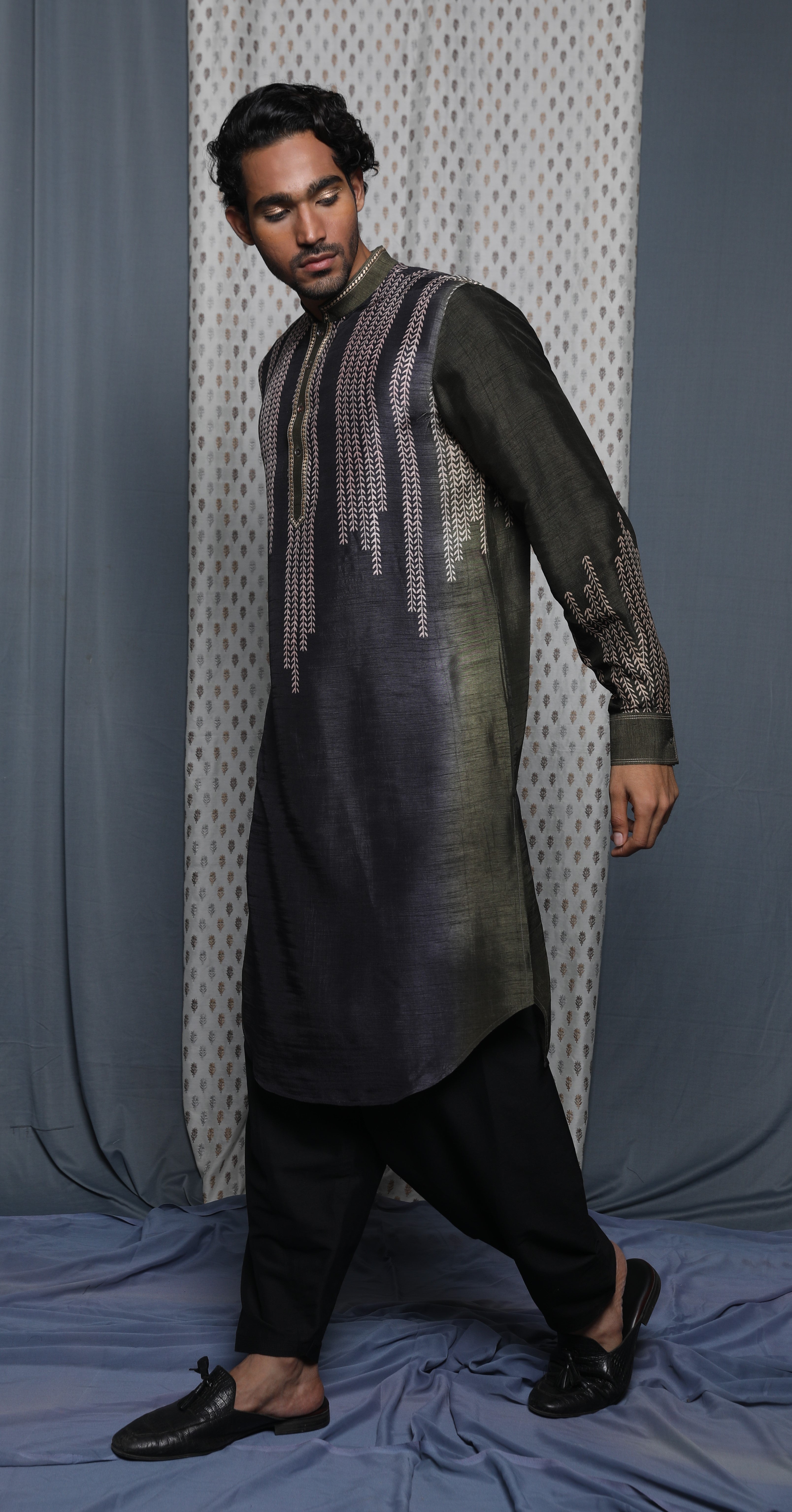 Olive grey shaded printed kurta