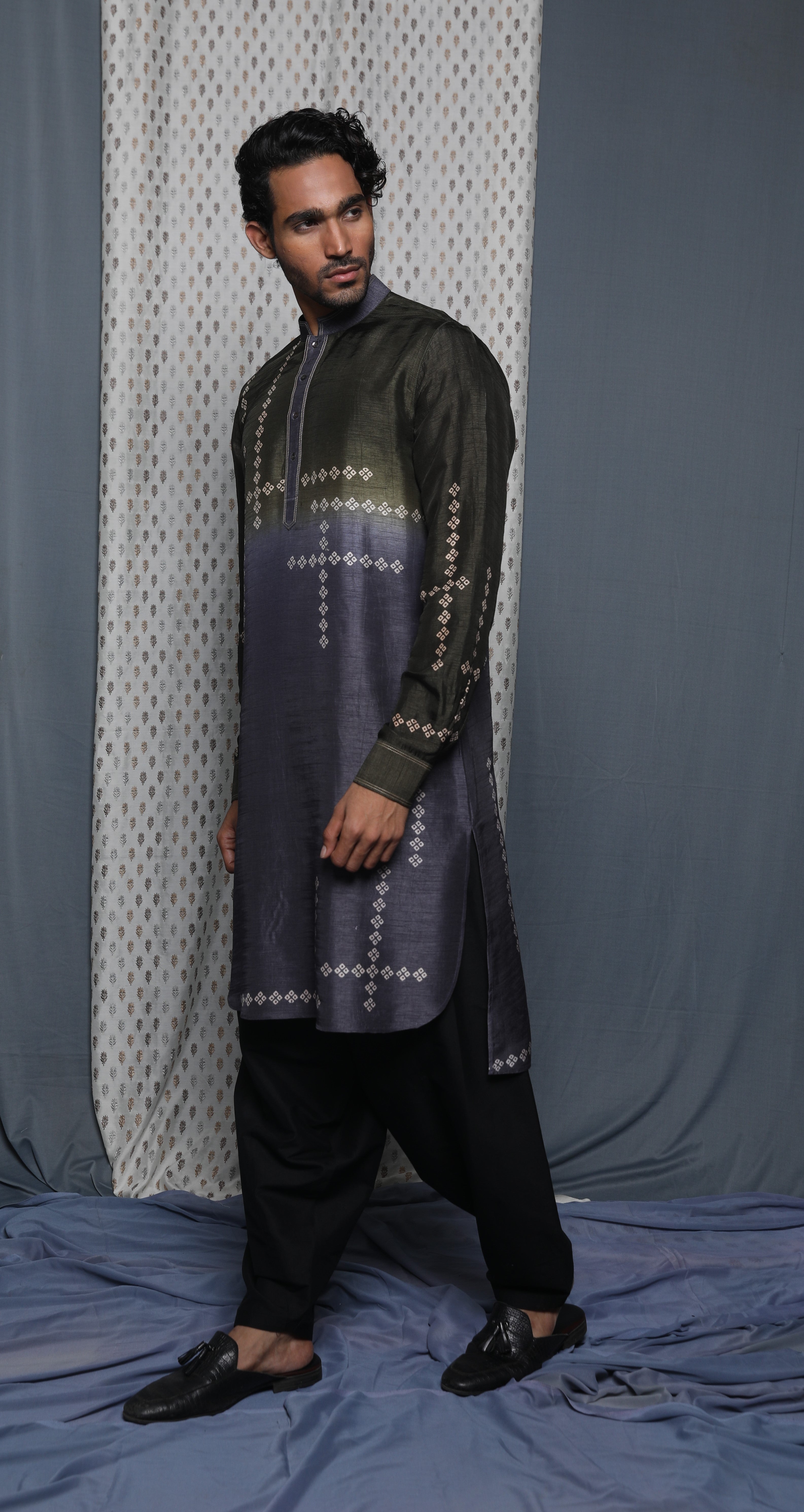 Olive grey shaded printed kurta