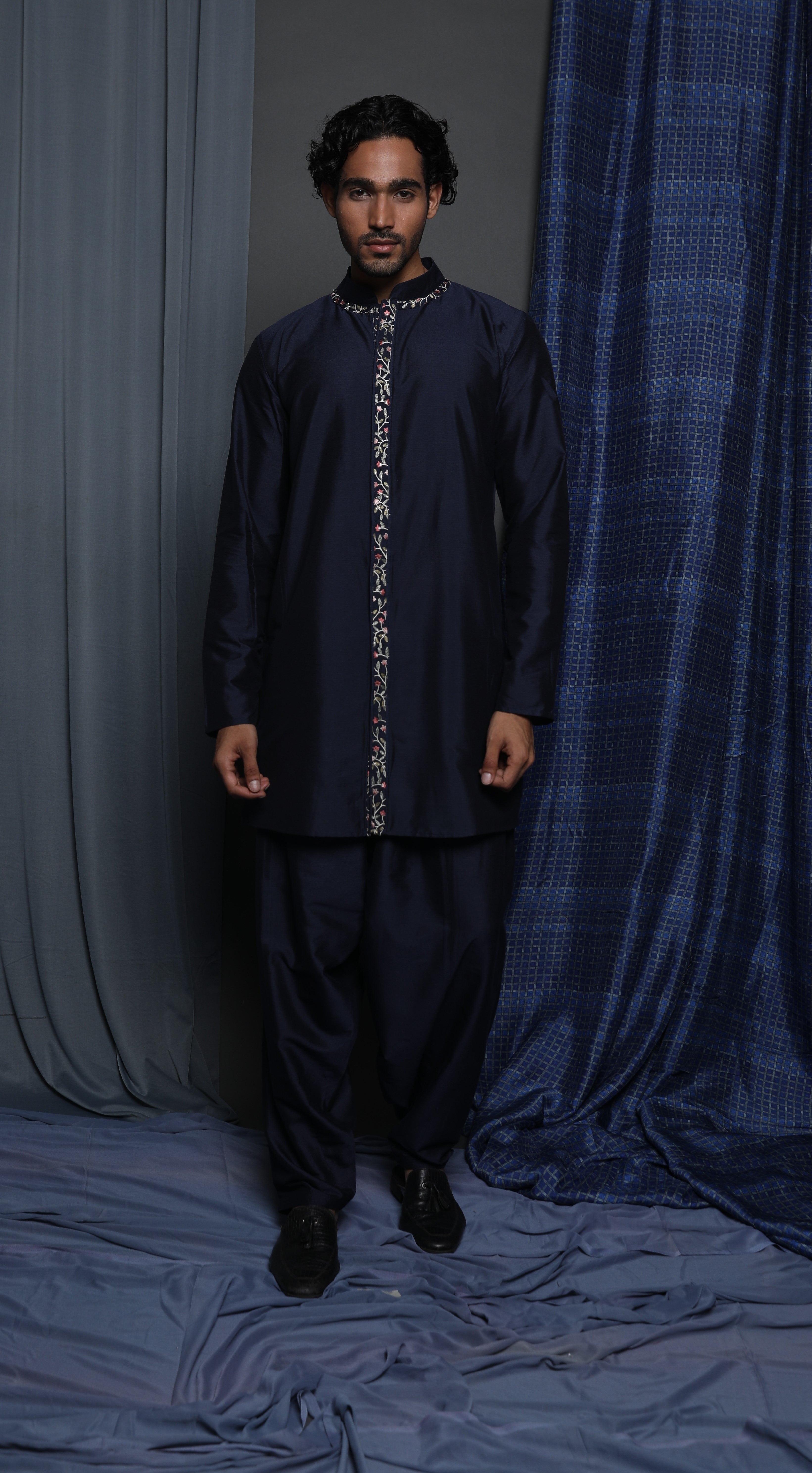 Navy all over emb open sherwani