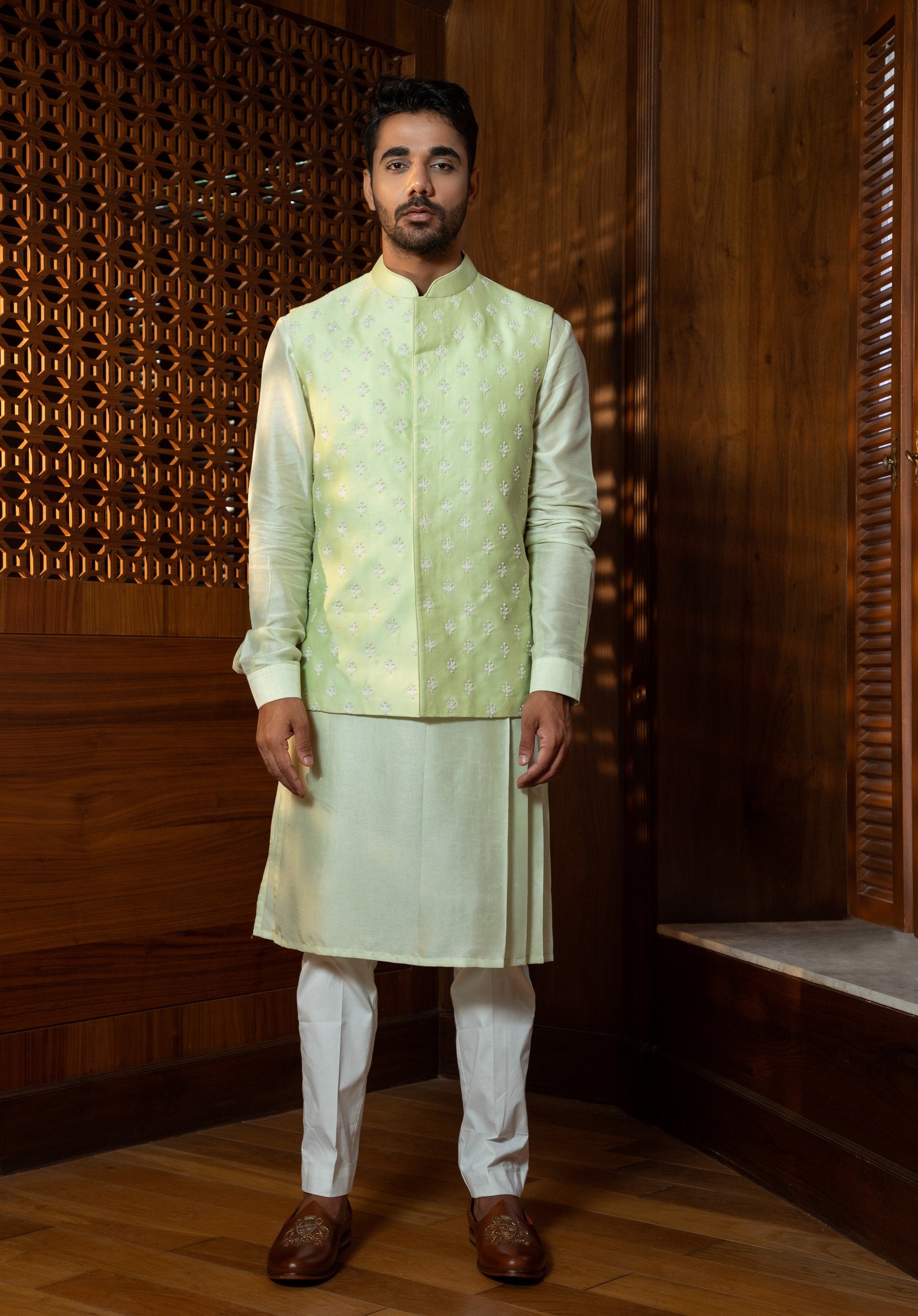 Mint Embroidered Jacket with Kurta Set