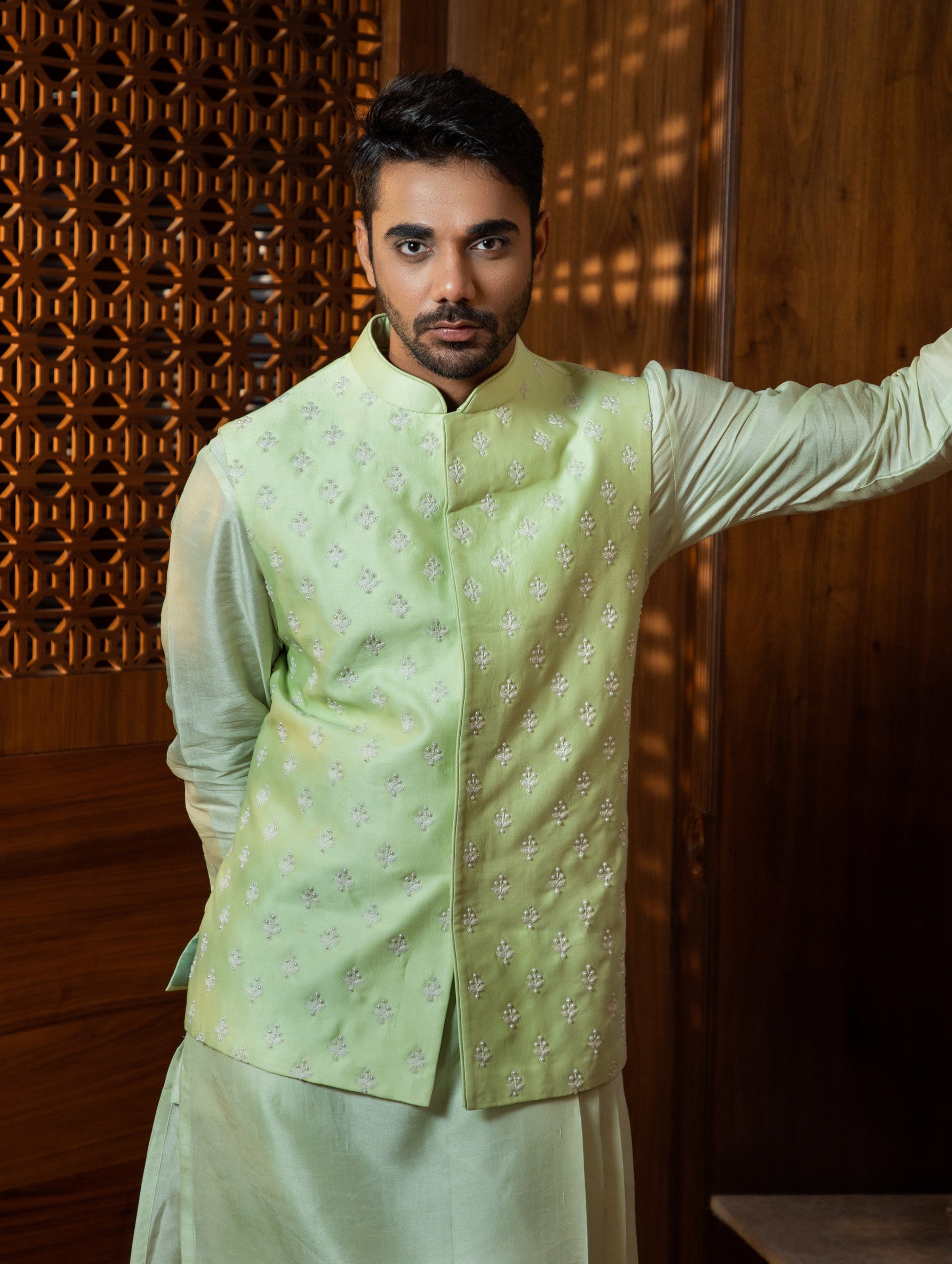 Mint Embroidered Jacket with Kurta Set