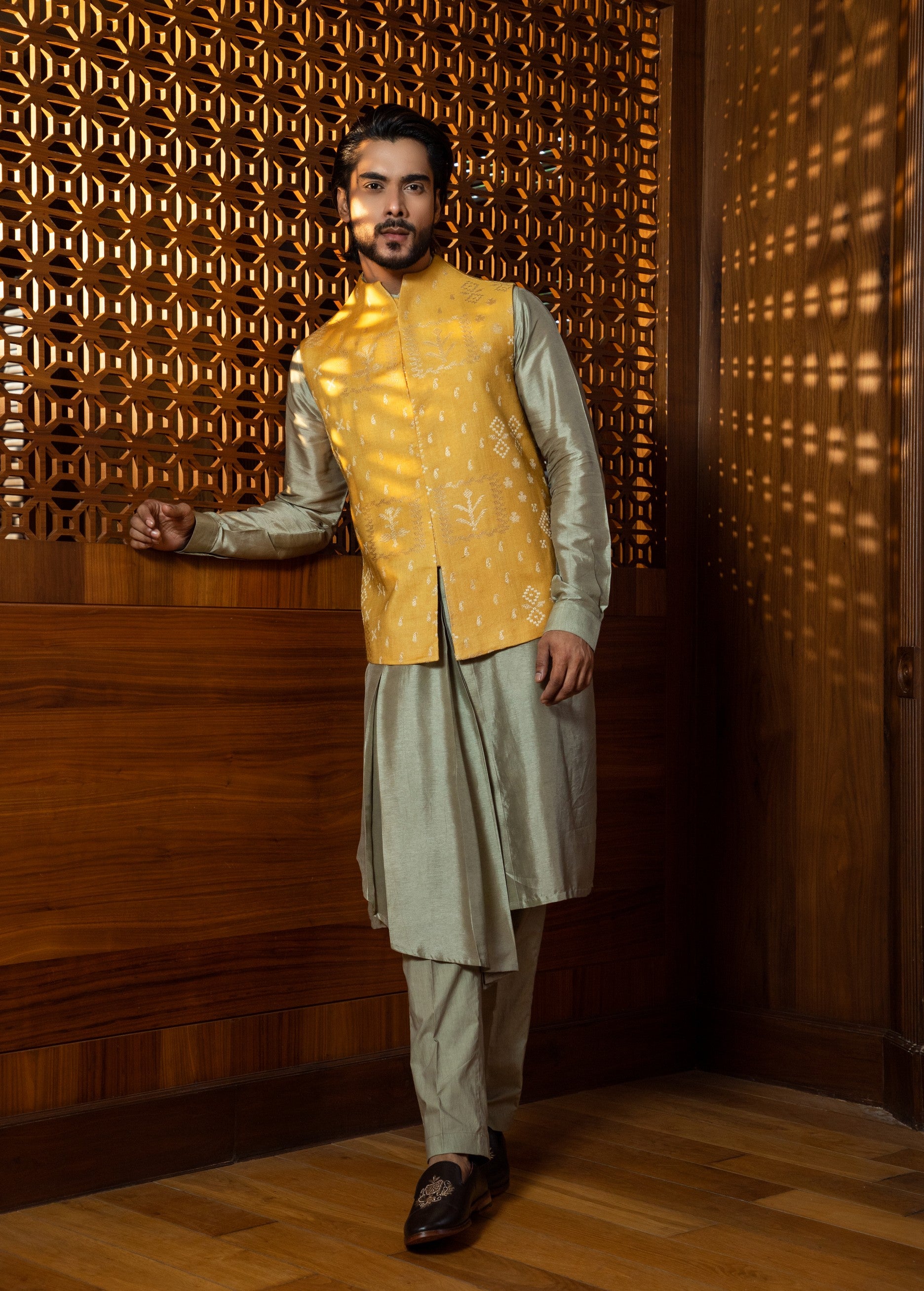 Mustard Silk Jacket with Pleated Kurta Set