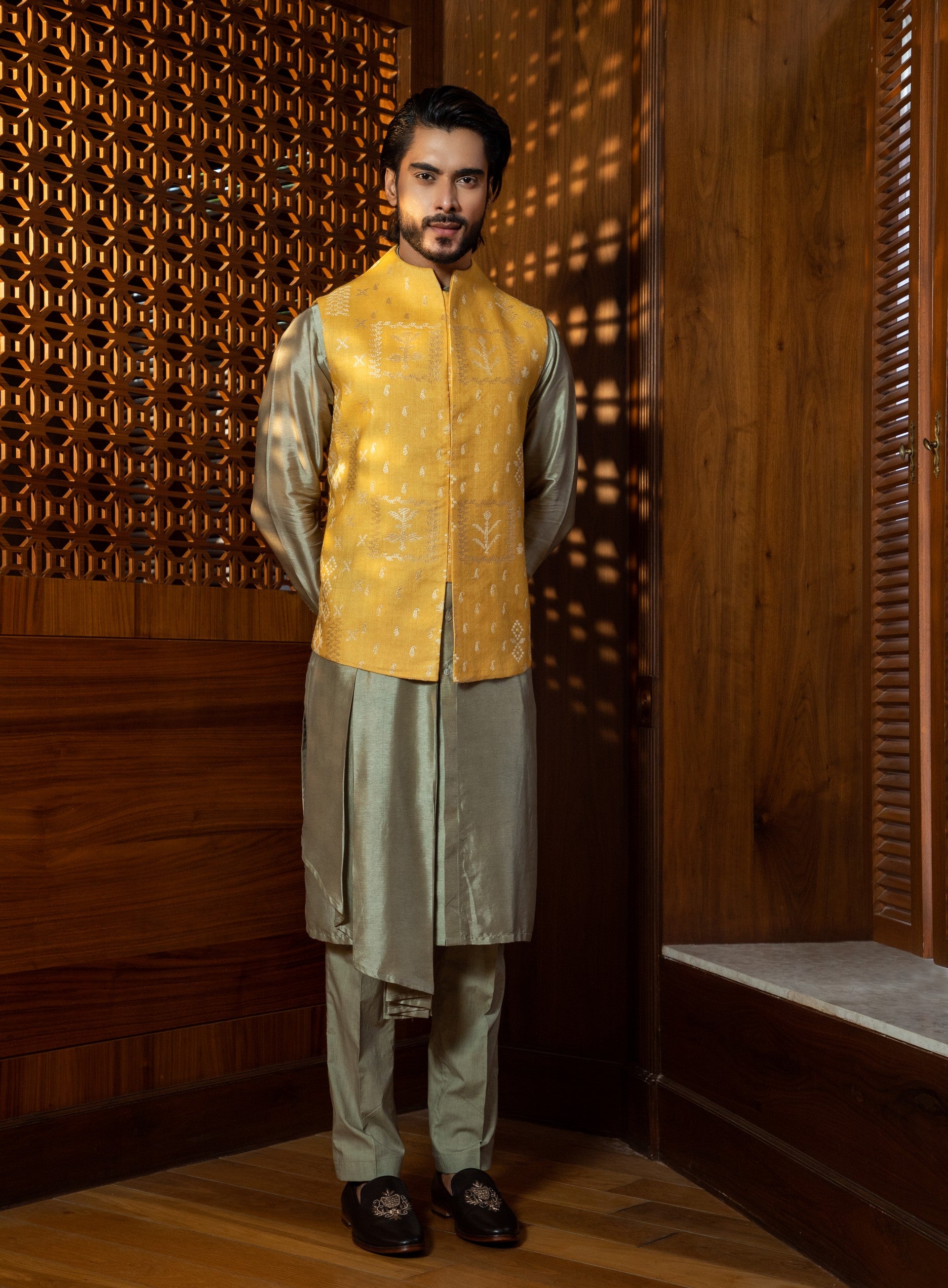 Mustard Silk Jacket with Pleated Kurta Set