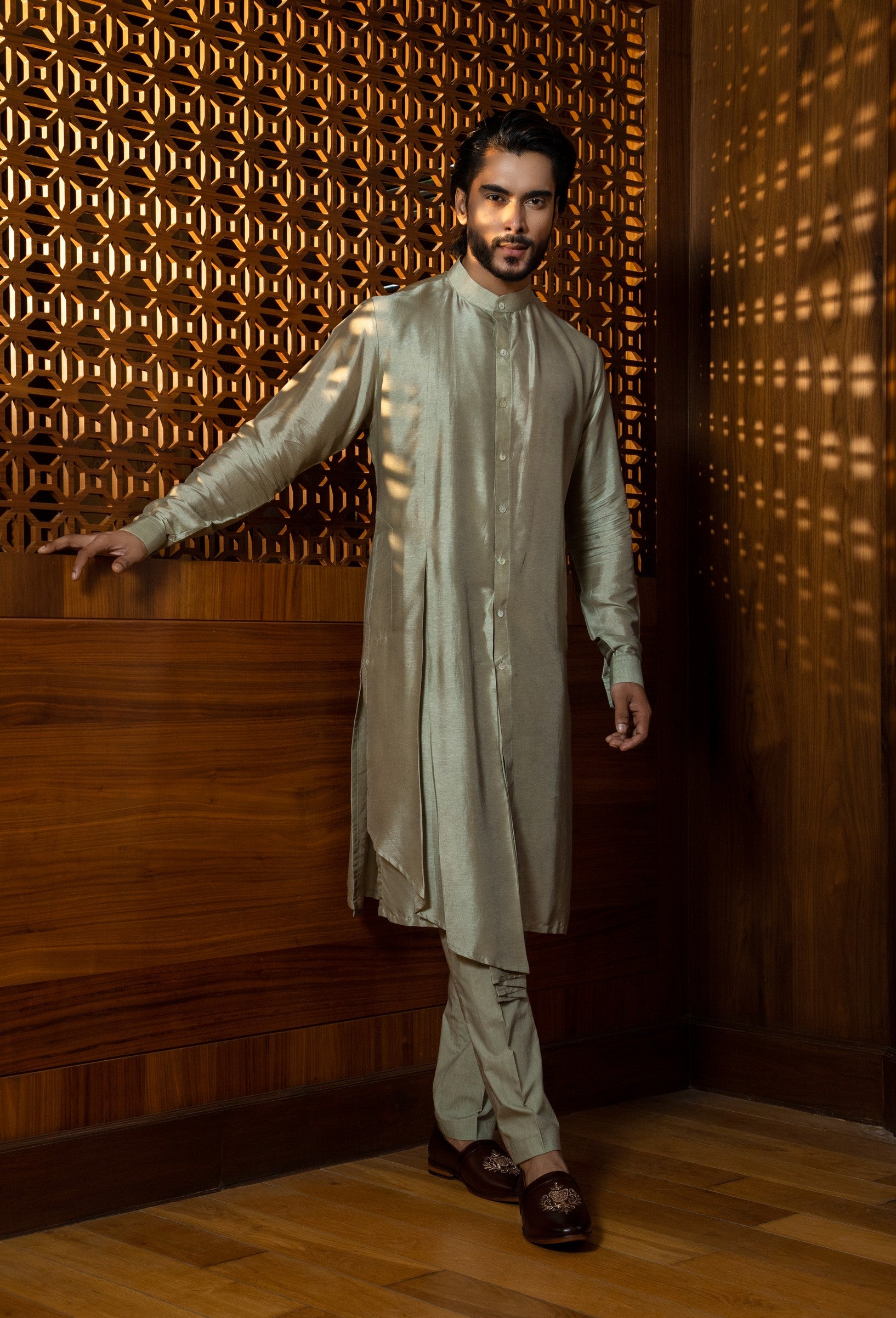 Mustard Silk Jacket with Pleated Kurta Set