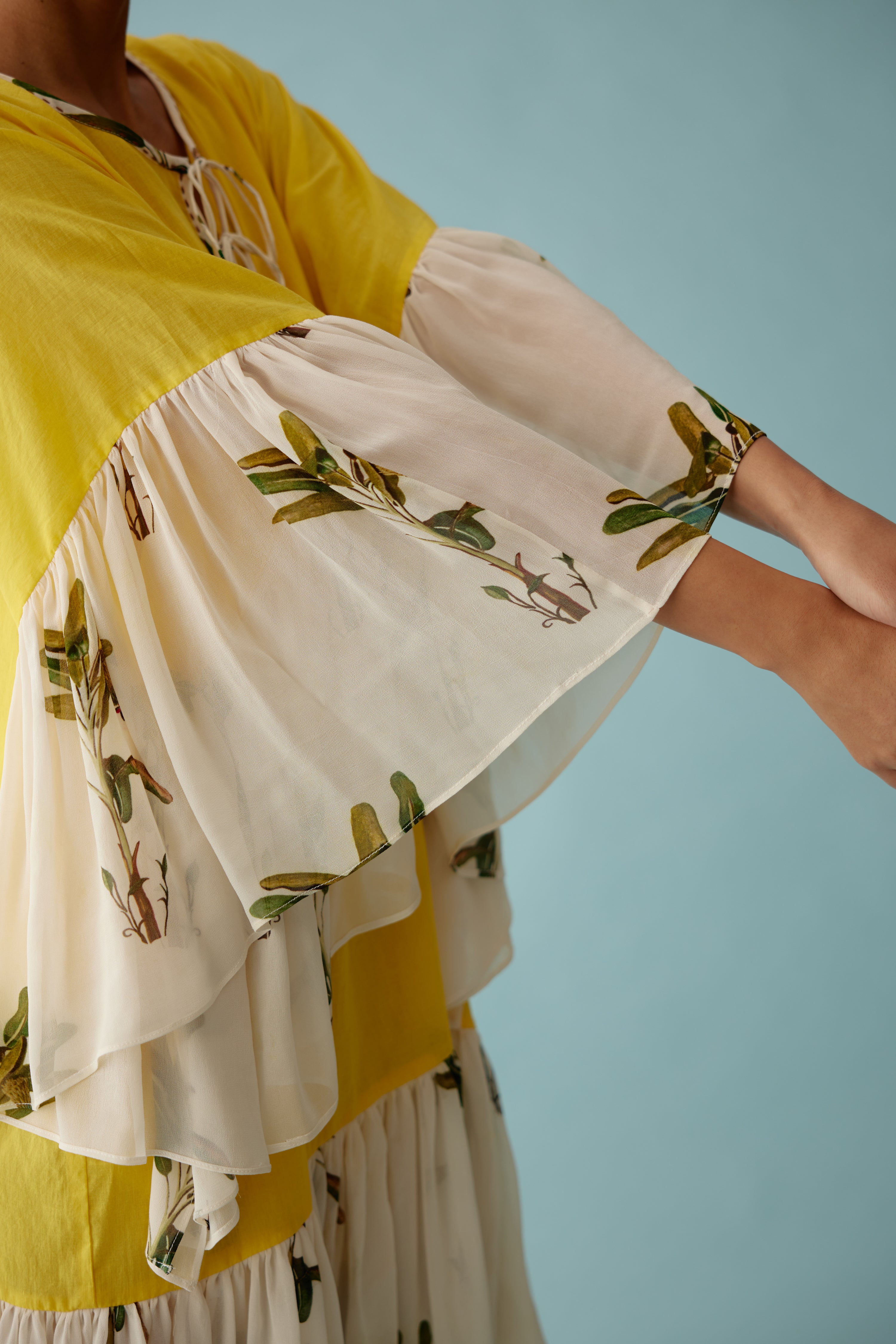 Yellow banana tree print frill dress