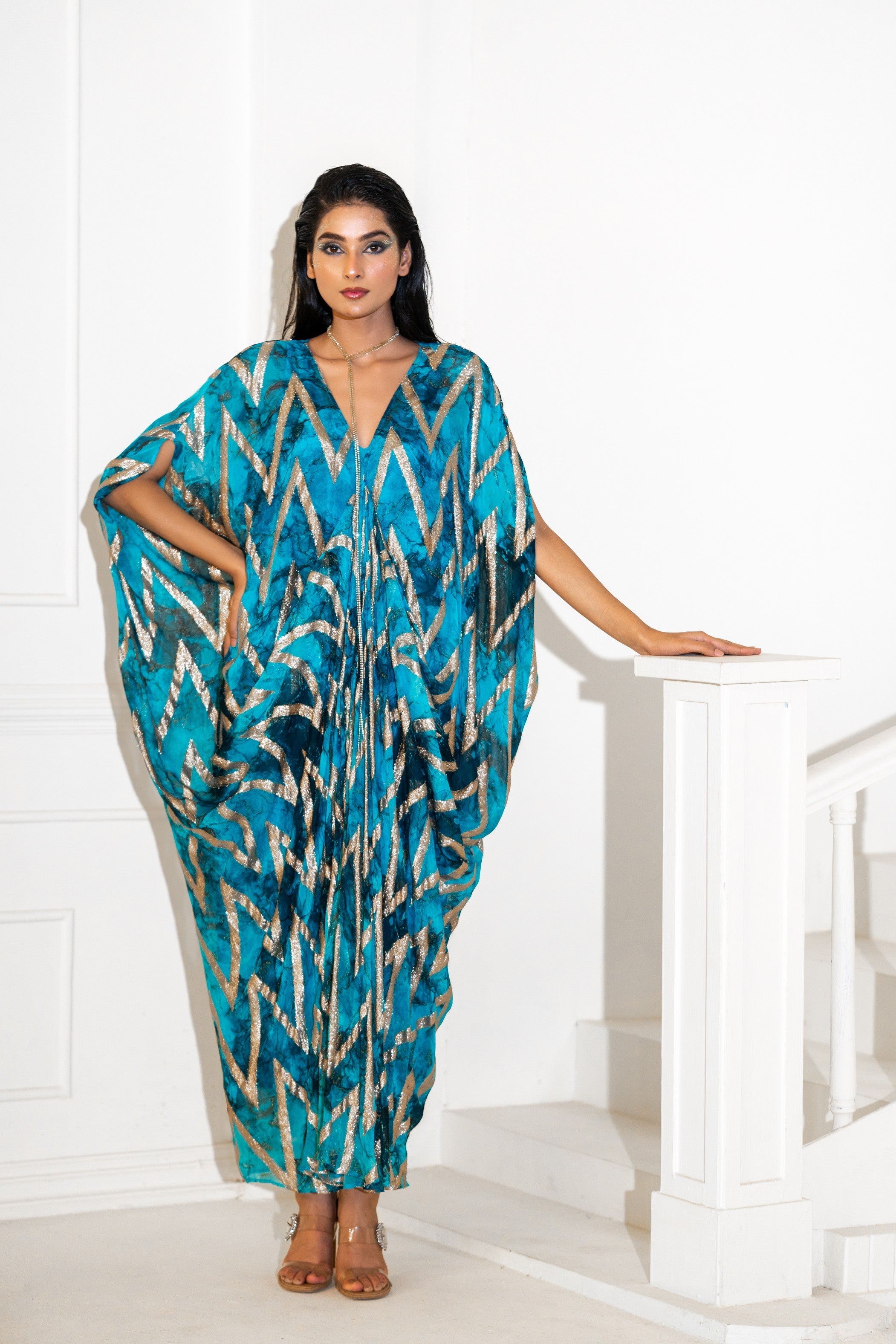 Blue Abstract Lurex Print Kaftaan