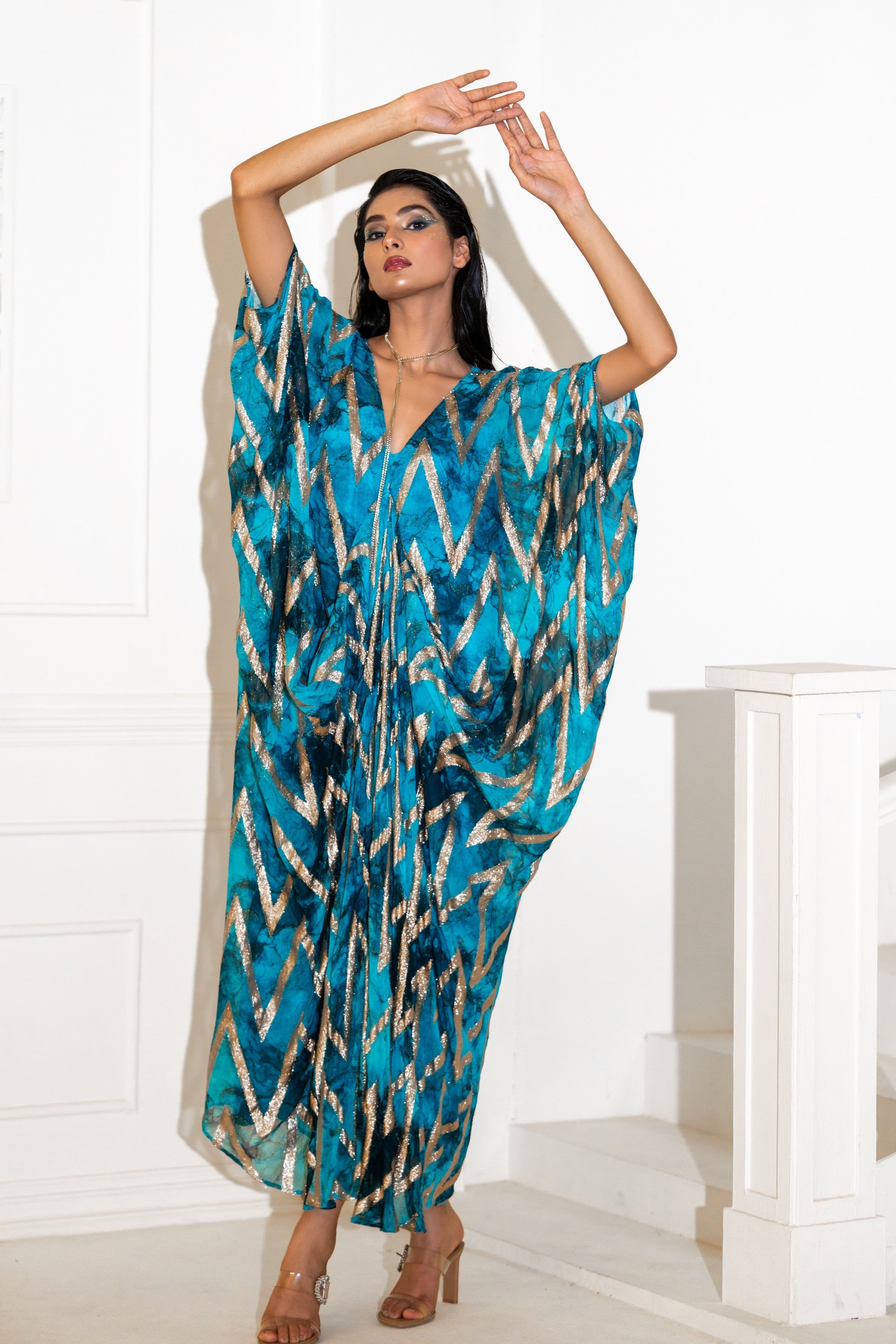 Blue Abstract Lurex Print Kaftaan