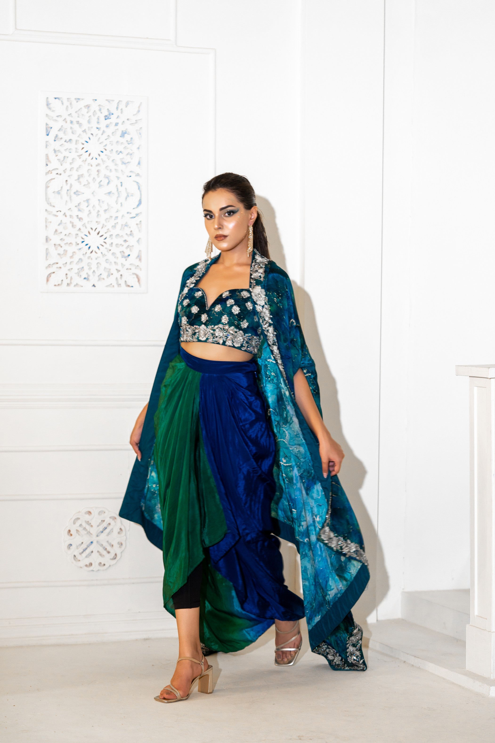 Abstract Embroidered Cape W/Blouse & Skirt Set