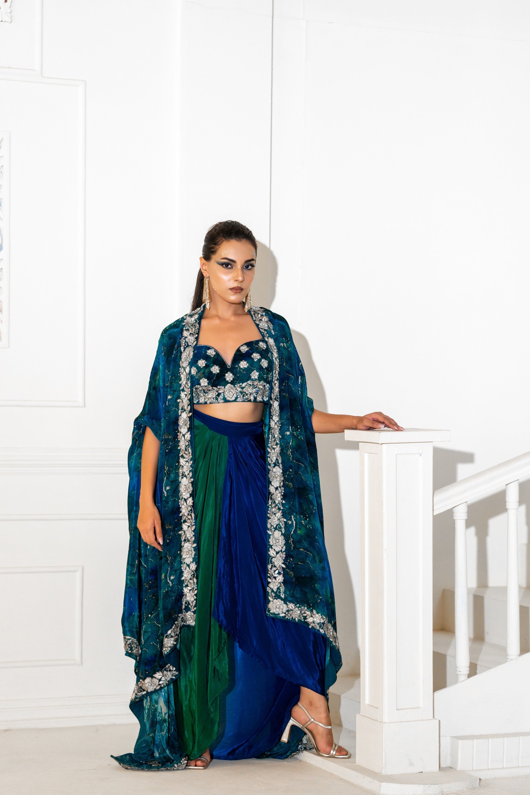 Abstract Embroidered Cape W/Blouse & Skirt Set