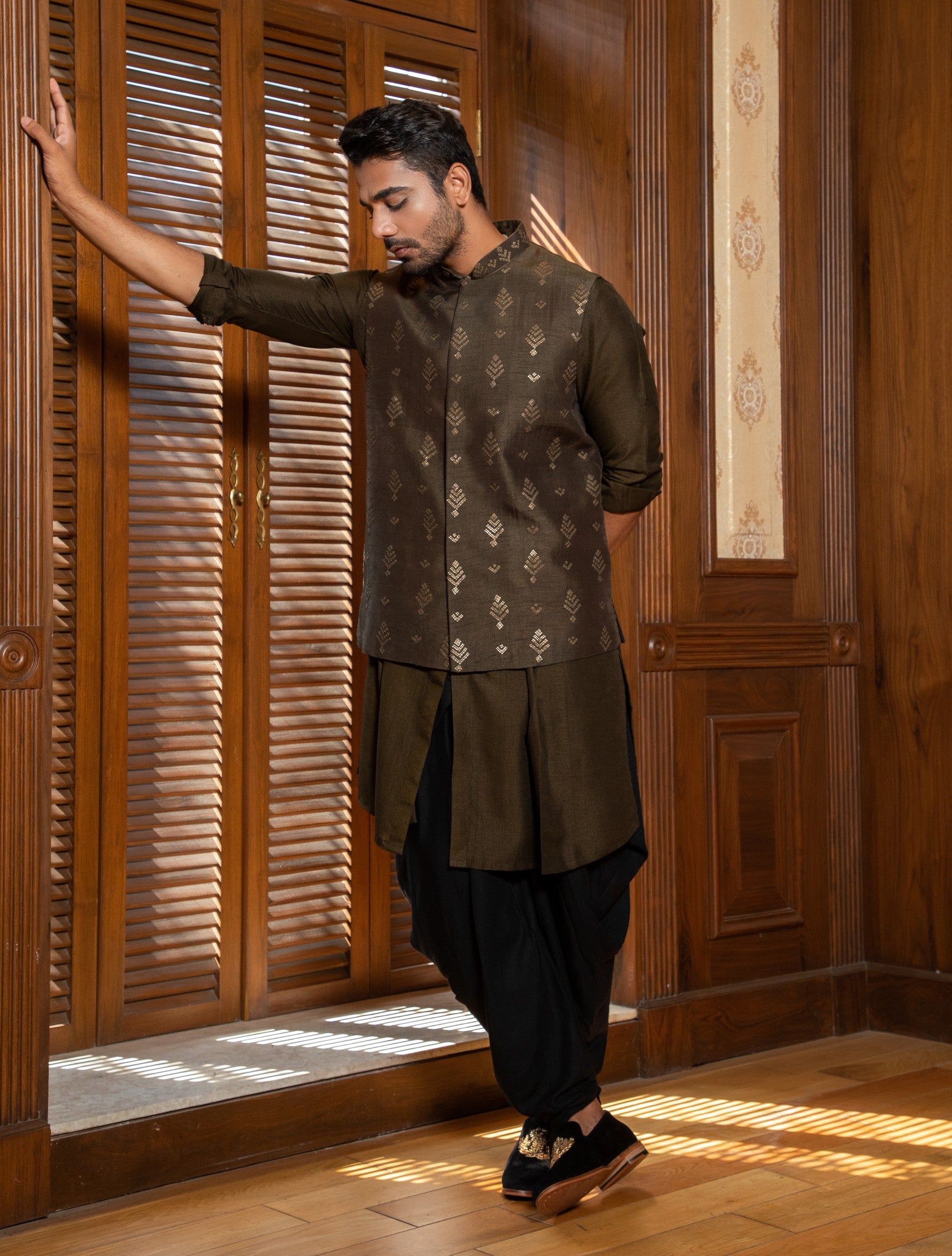 Olive Hand Embroidered Jacket with Kurta Set