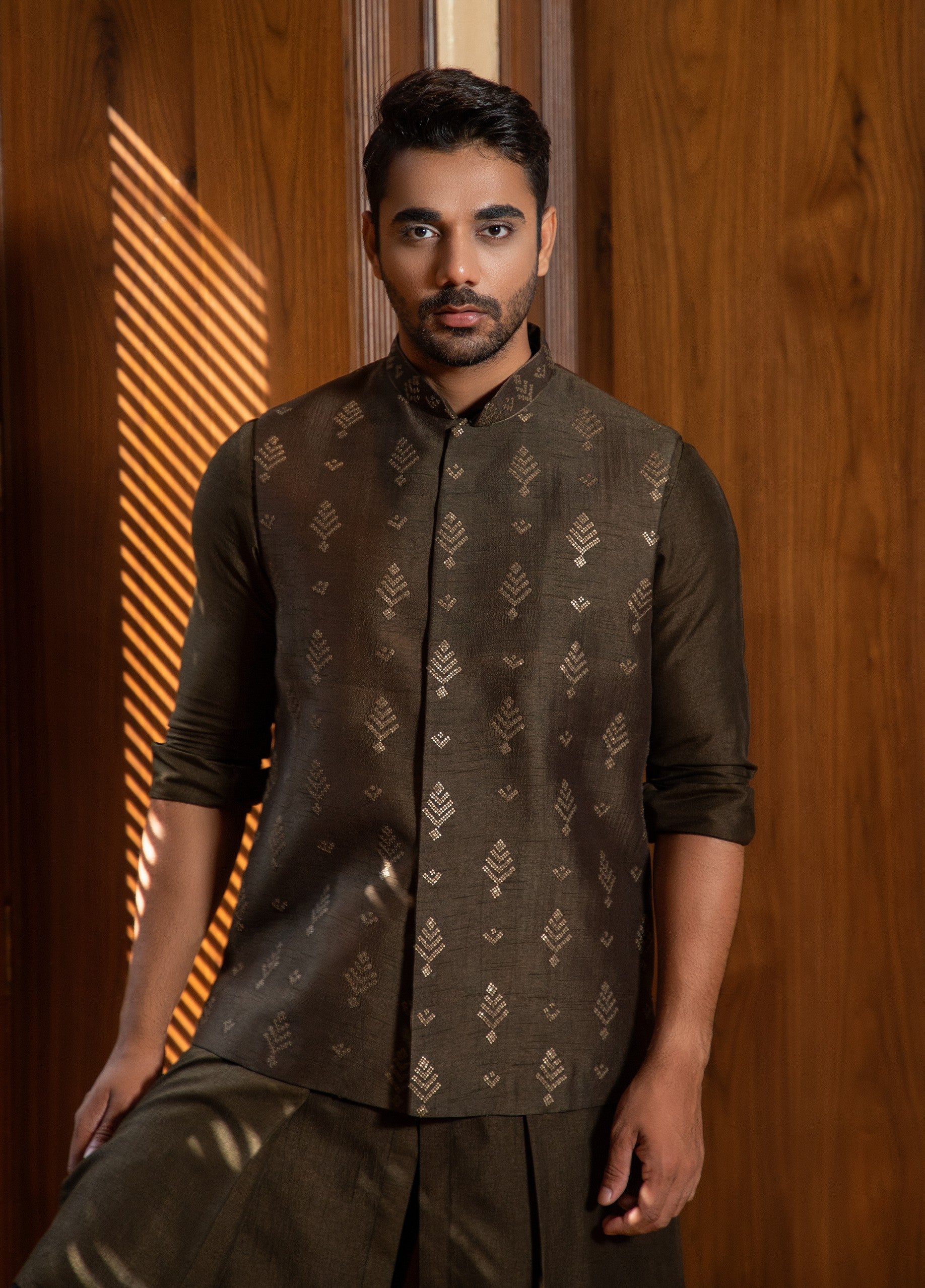 Olive Hand Embroidered Jacket with Kurta Set