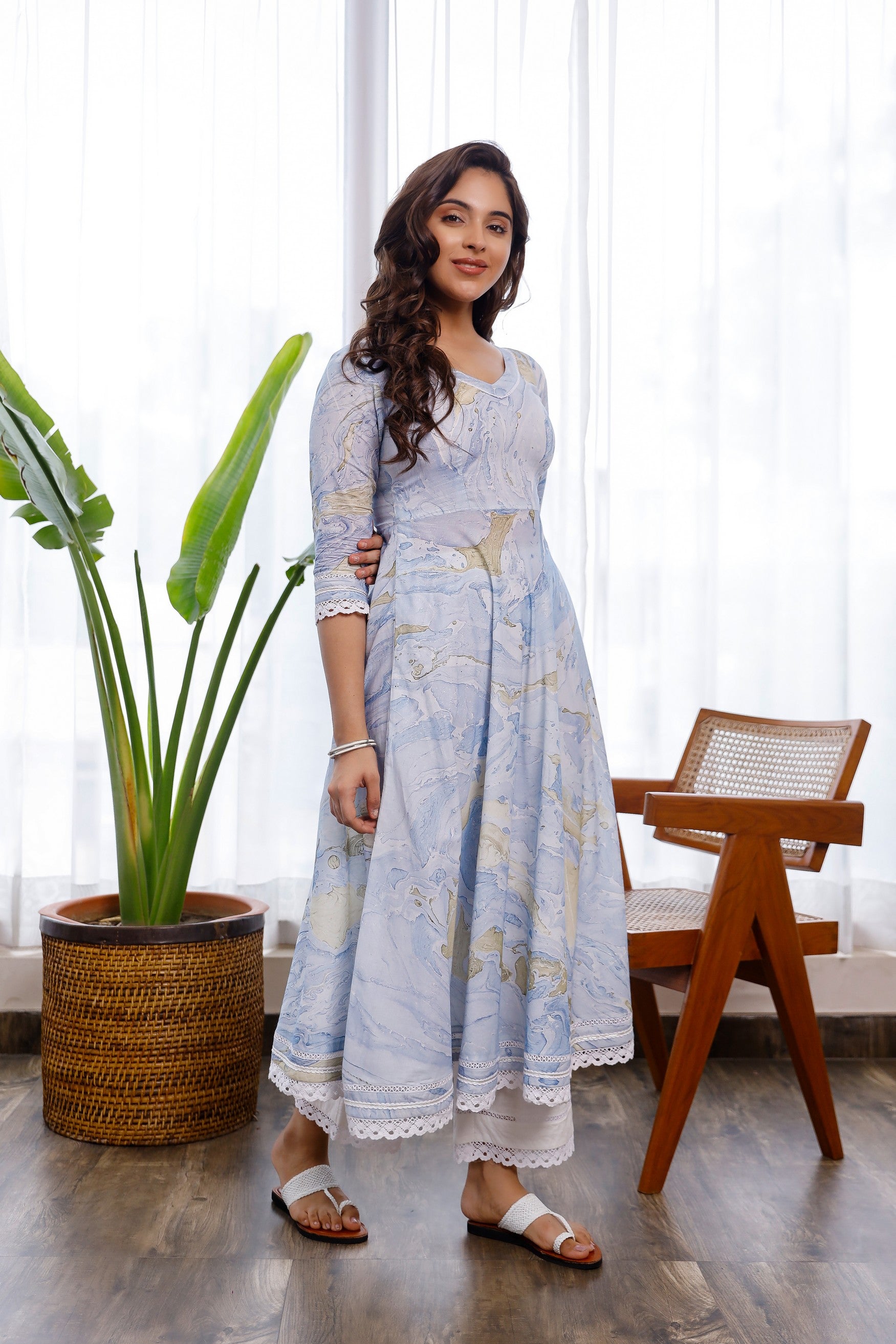 blue marble printed with crochet lace details anarkali and pants set