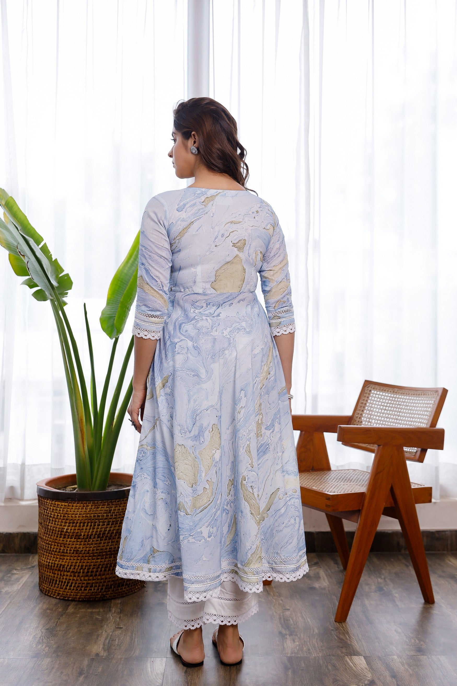 blue marble printed with crochet lace details anarkali and pants set