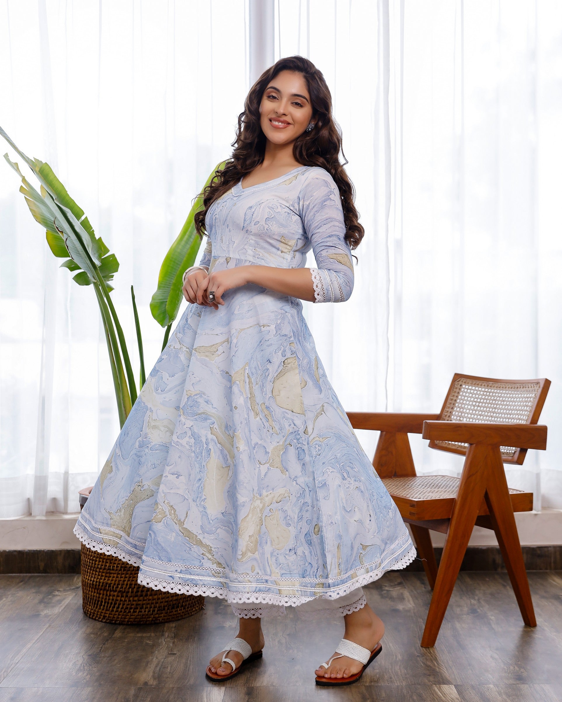 blue marble printed with crochet lace details anarkali and pants set