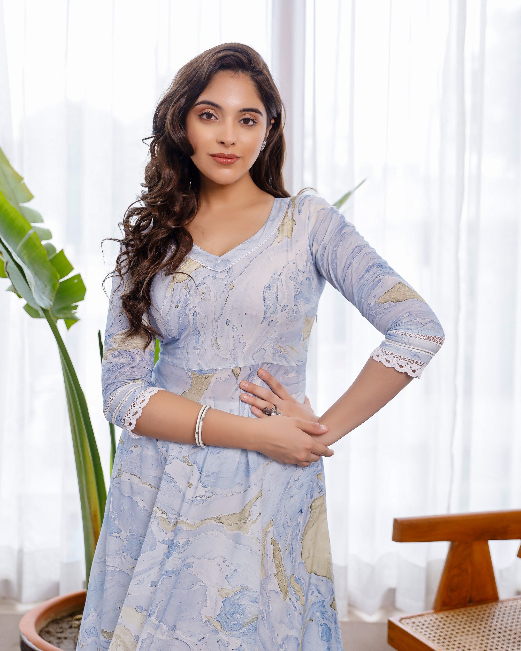 blue marble printed with crochet lace details anarkali and pants set