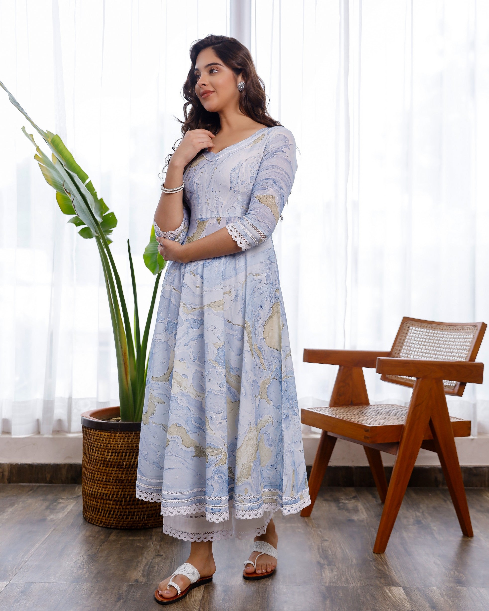 blue marble printed with crochet lace details anarkali and pants set