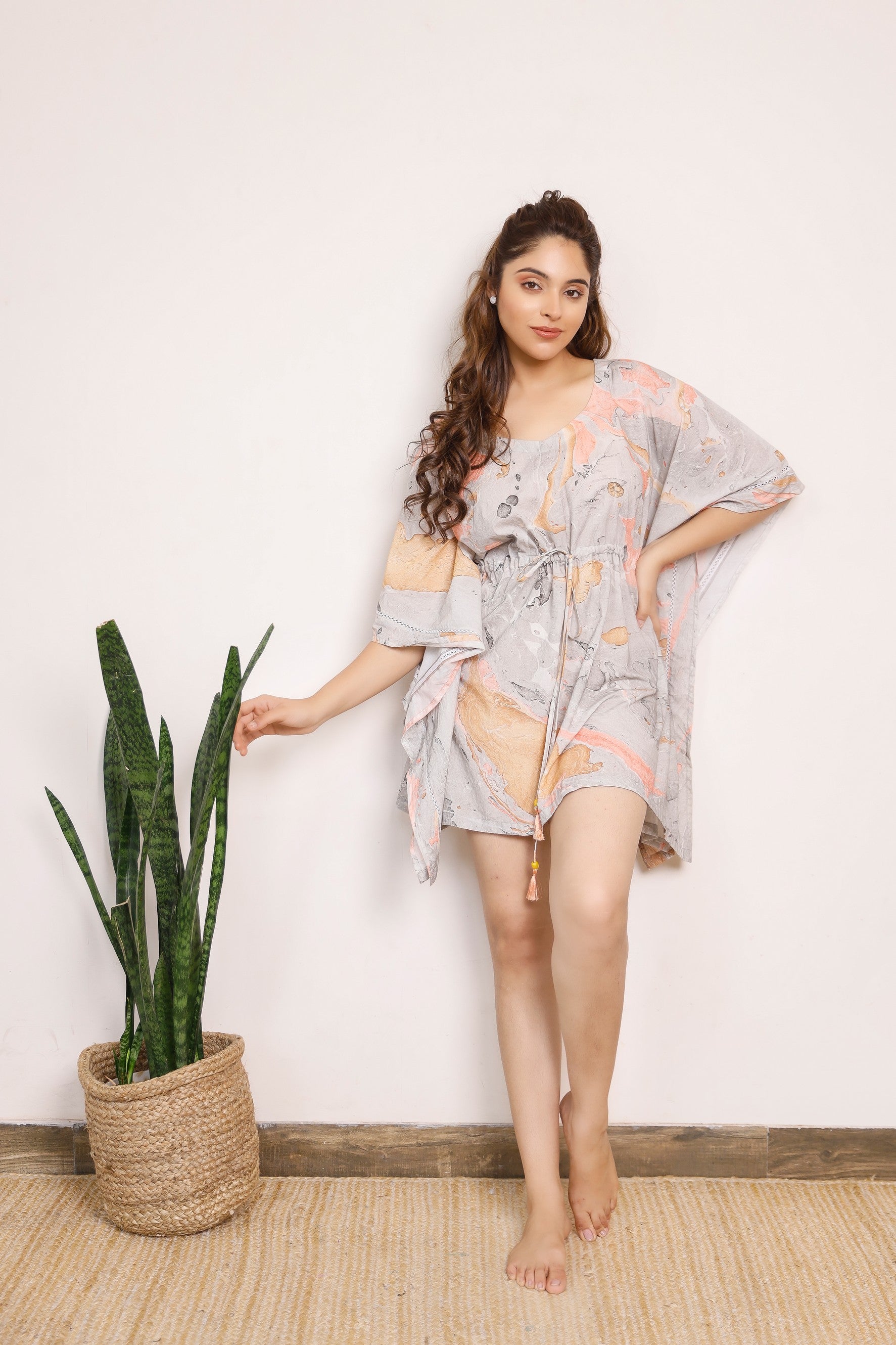 Brown and orange marble printed short kaftan