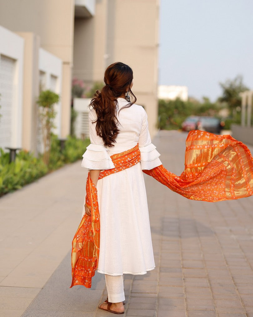 Bright white flared kurta set with bandej dupatta