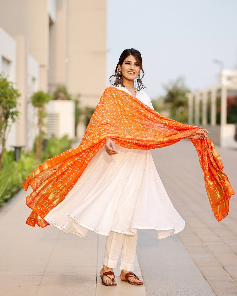 Bright white flared kurta set with bandej dupatta