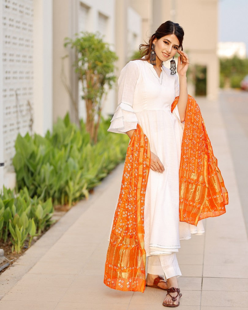 Bright white flared kurta set with bandej dupatta