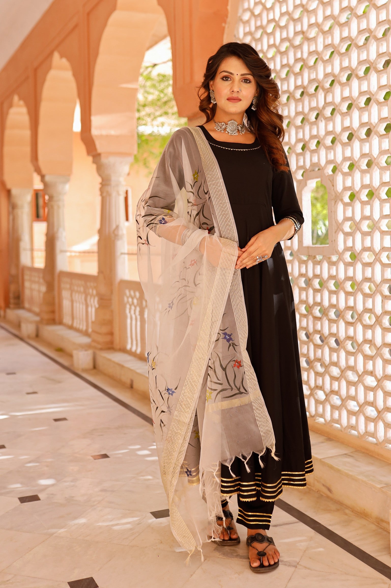 Solid black suit set with hand painted organza dupatta