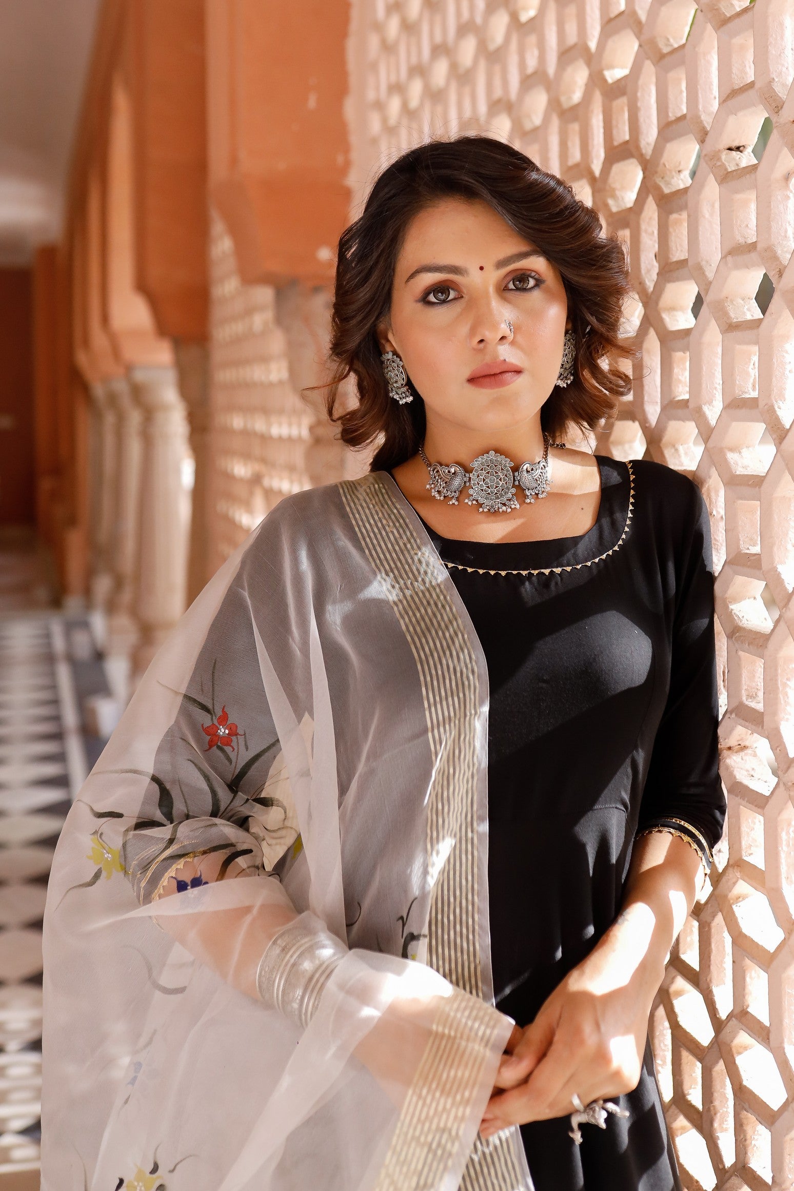 Solid black suit set with hand painted organza dupatta