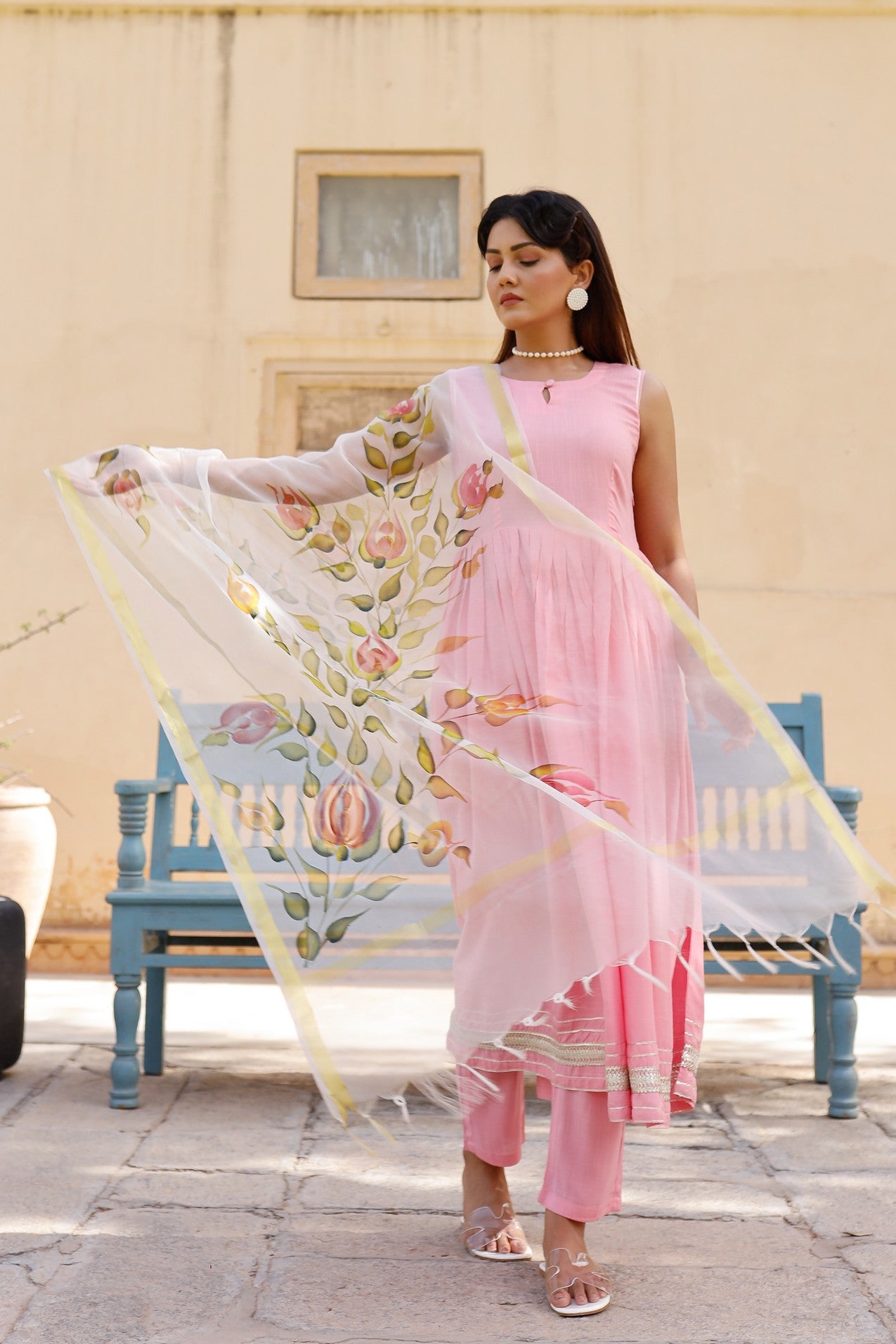 Solid pink anarkali suit set with hand painted organza dupatta