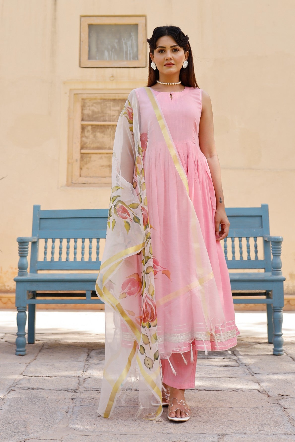 Solid pink anarkali suit set with hand painted organza dupatta