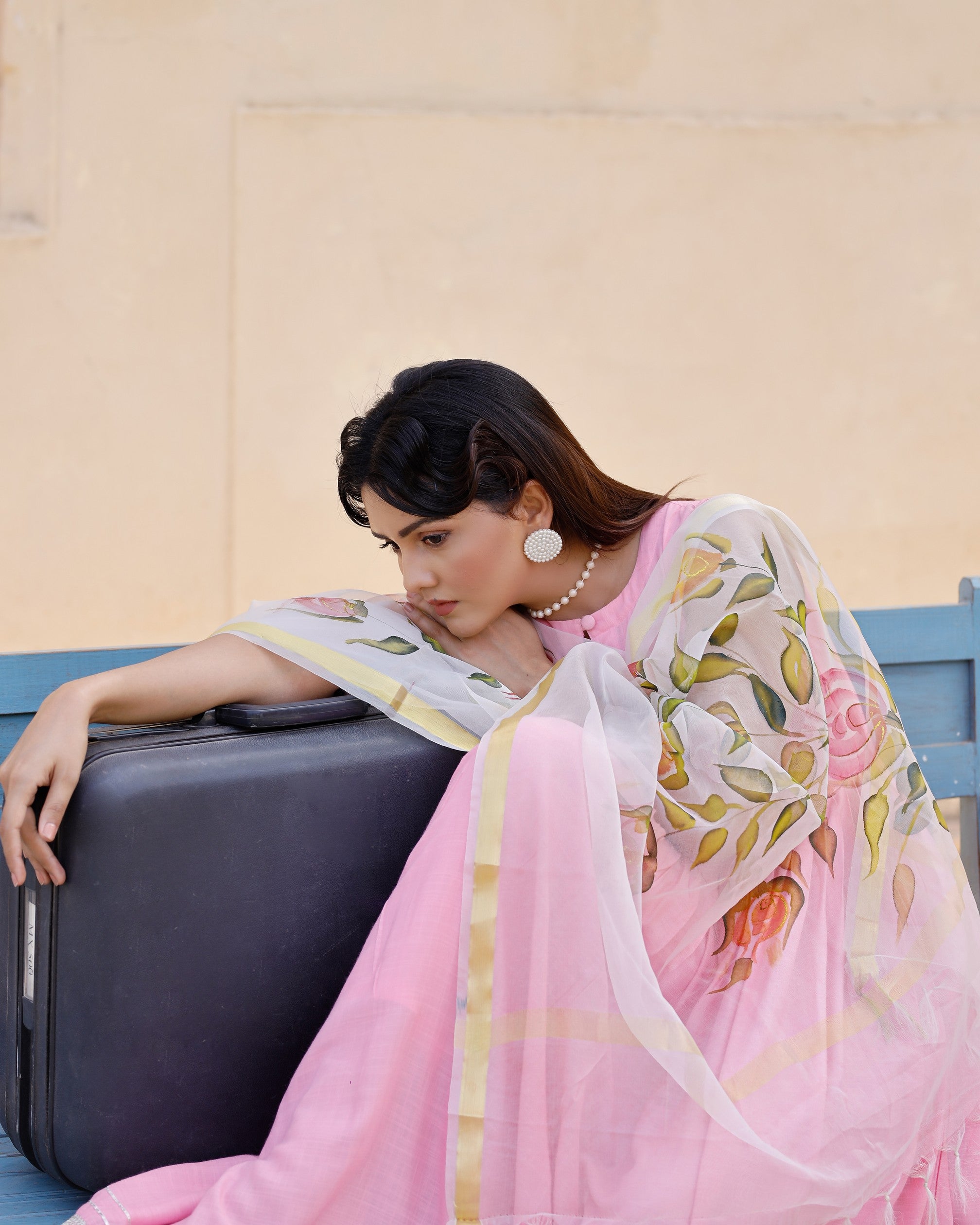 Solid pink anarkali suit set with hand painted organza dupatta